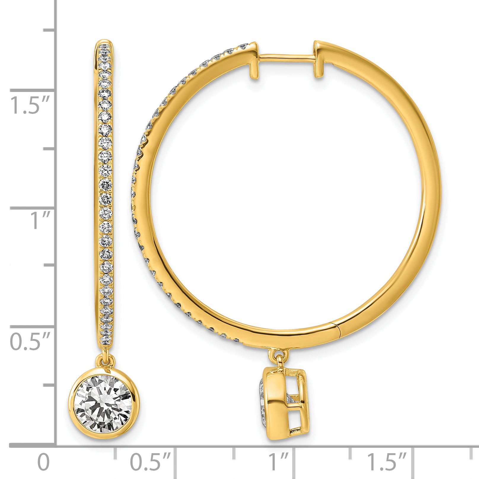 14ky Certified Round Bezel Dangle Lab Grown Diamond VS+ F+ Hoop Earrings
