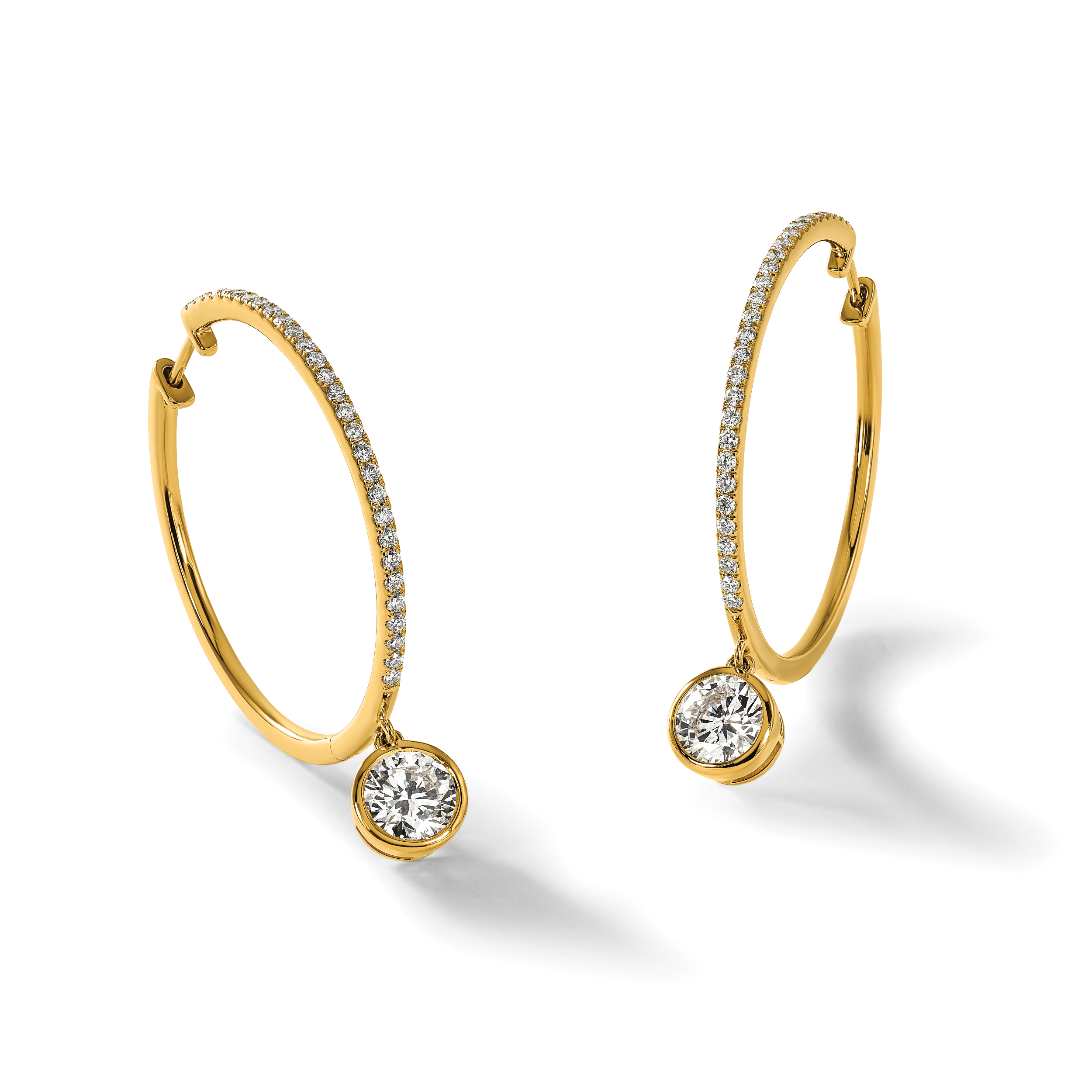 14ky Certified Round Bezel Dangle Lab Grown Diamond VS+ F+ Hoop Earrings
