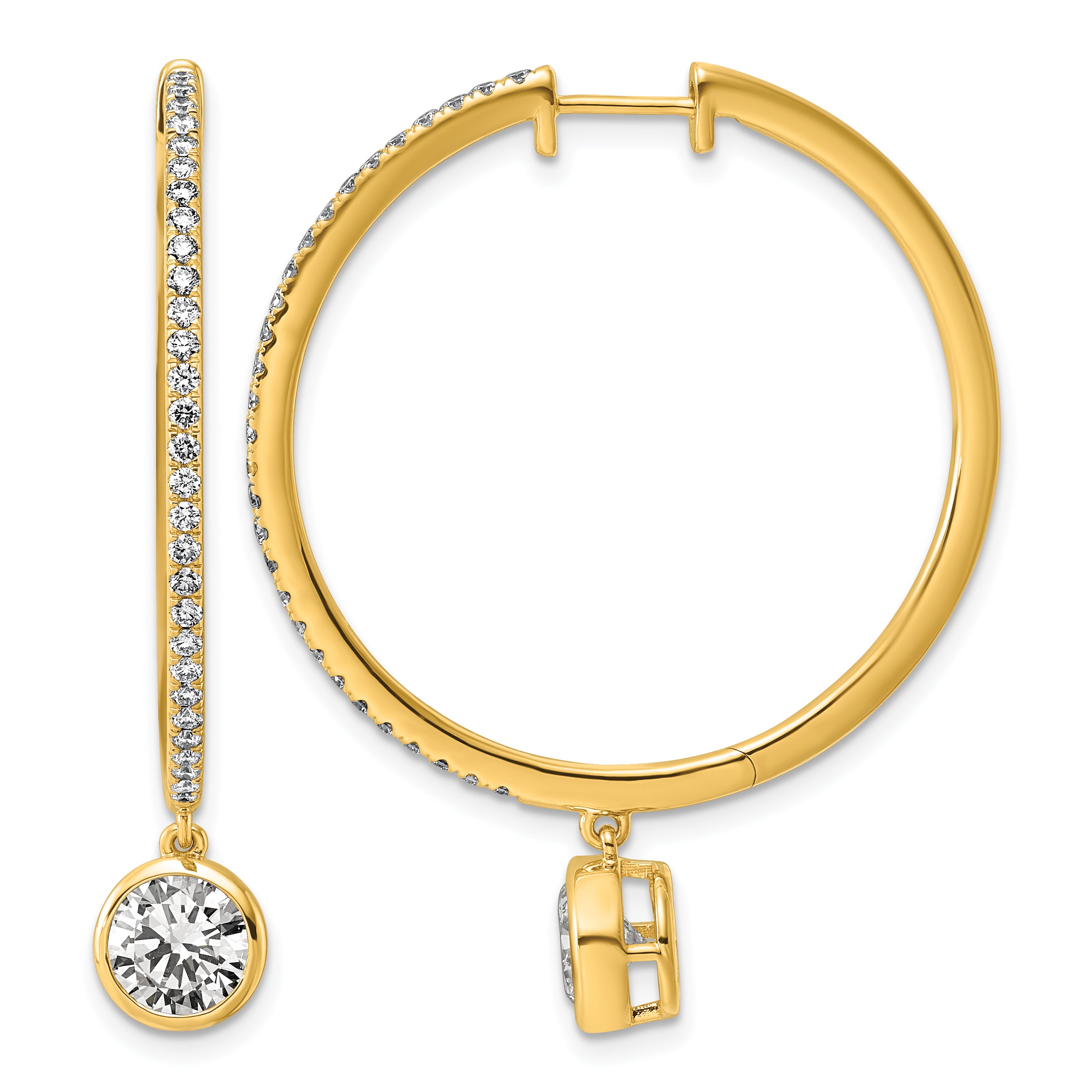 14ky Certified Round Bezel Dangle Lab Grown Diamond VS+ F+ Hoop Earrings