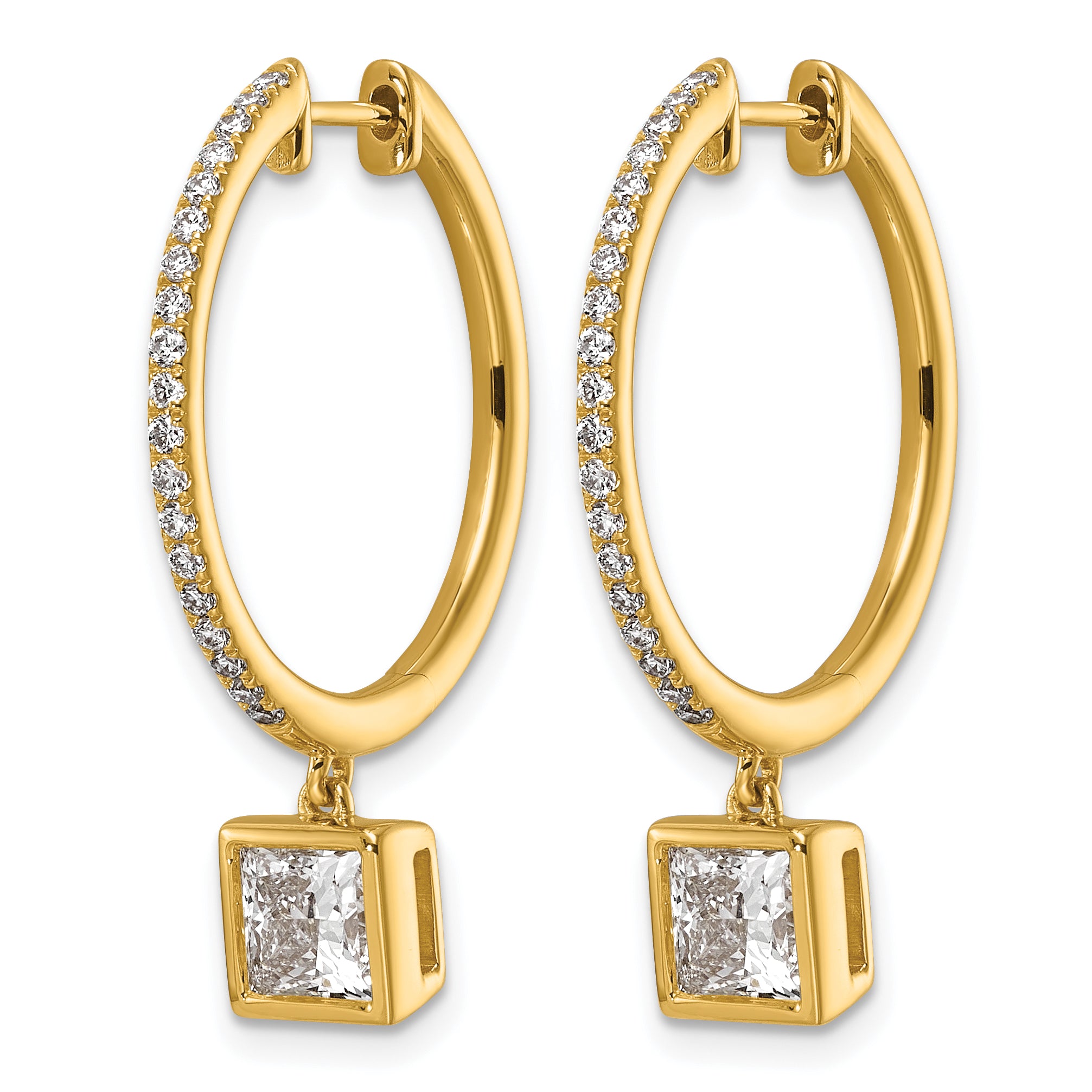 14ky Certified Princess Bezel Dangle Lab Grown Diamond VS+ F+ Hoop Earrings