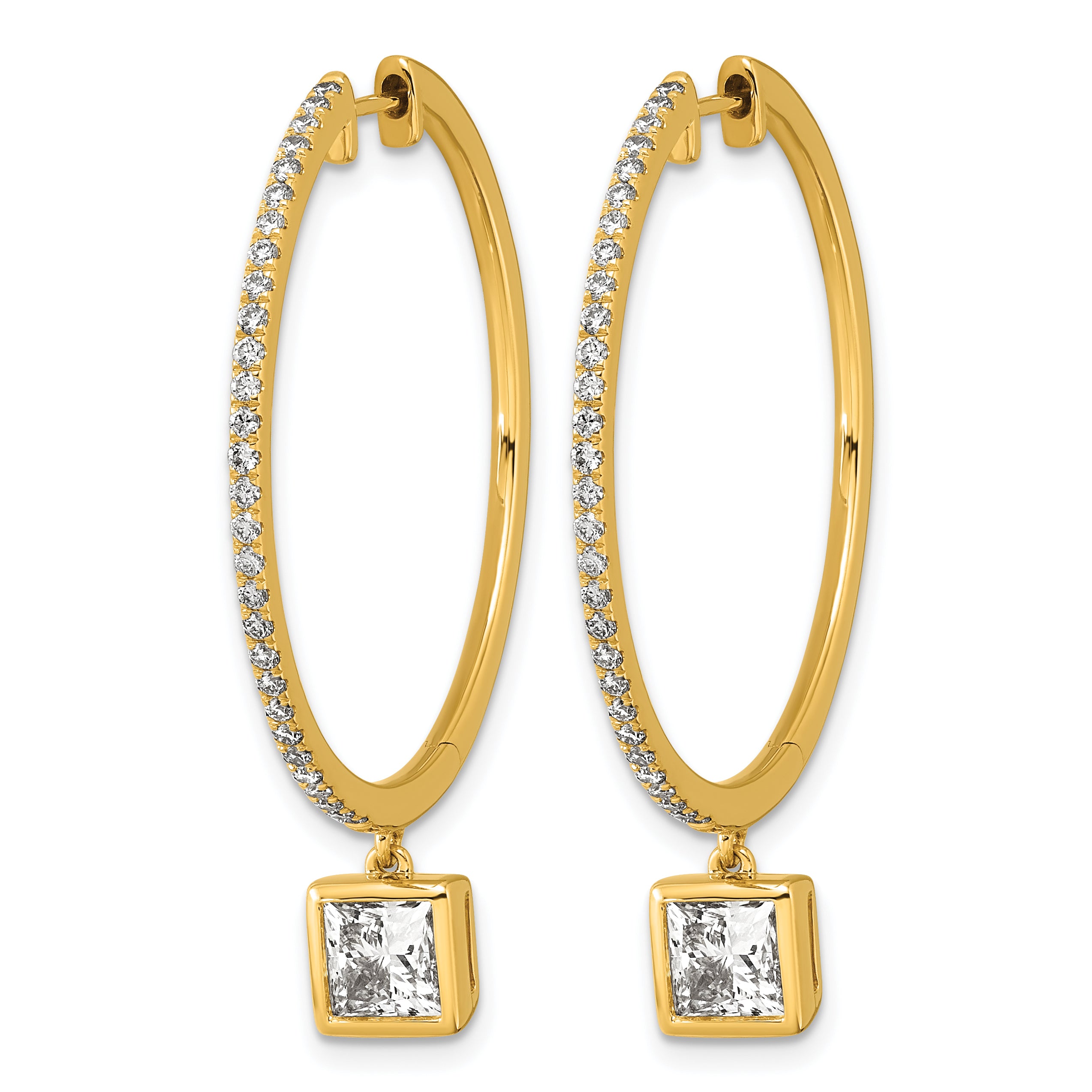 14ky Certified Princess Bezel Dangle Lab Grown Diamond VS+ F+ Hoop Earrings