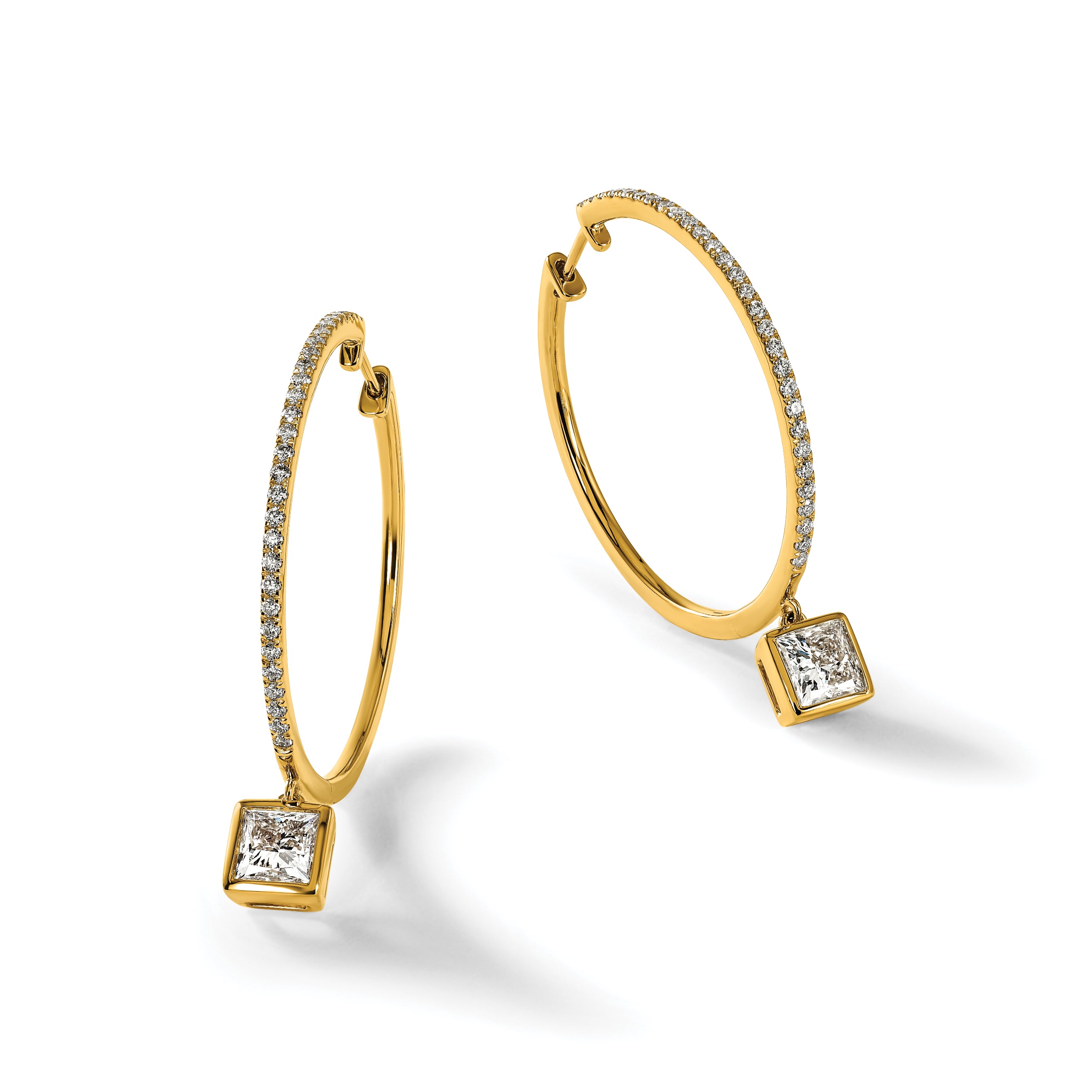 14ky Certified Princess Bezel Dangle Lab Grown Diamond VS+ F+ Hoop Earrings