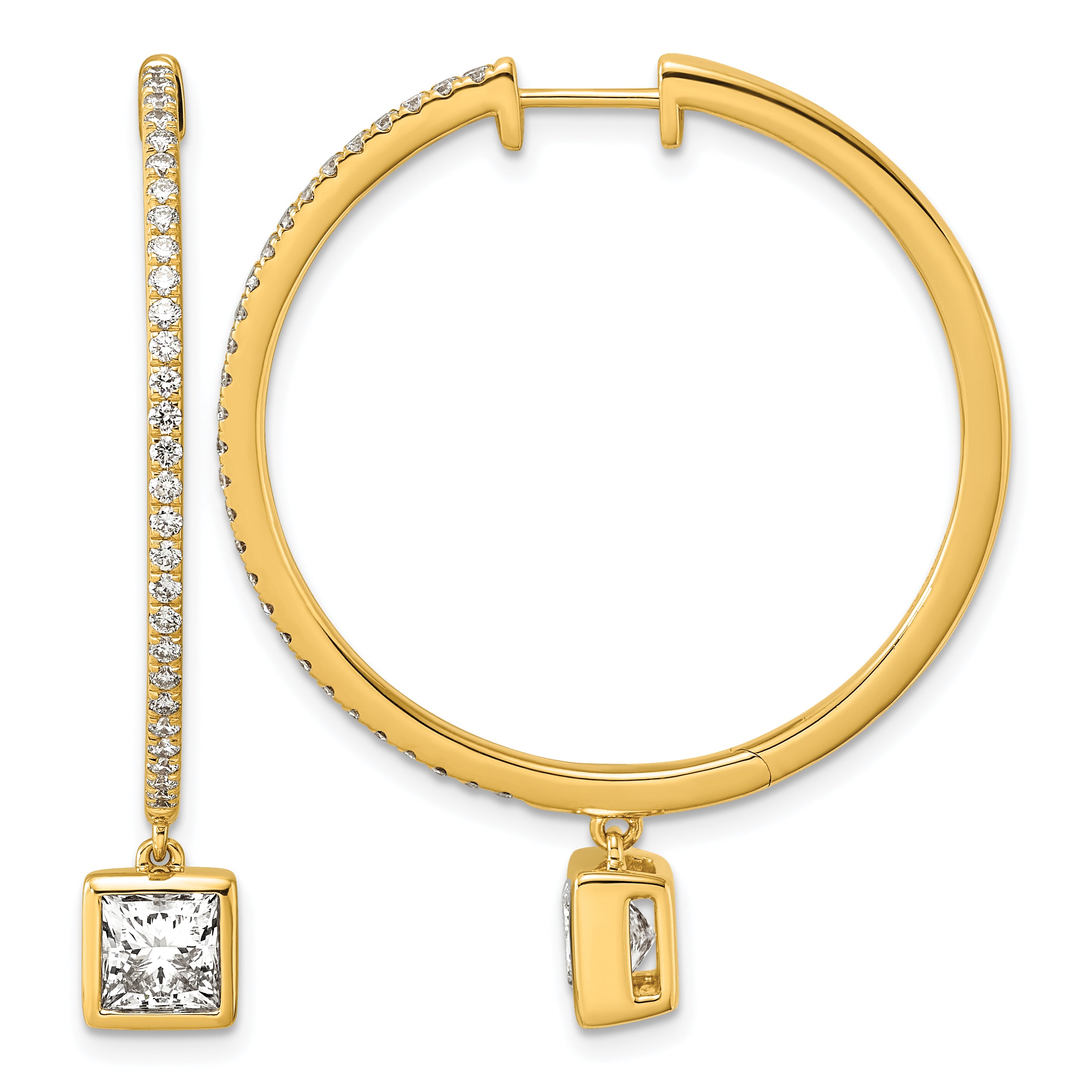 14ky Certified Princess Bezel Dangle Lab Grown Diamond VS+ F+ Hoop Earrings
