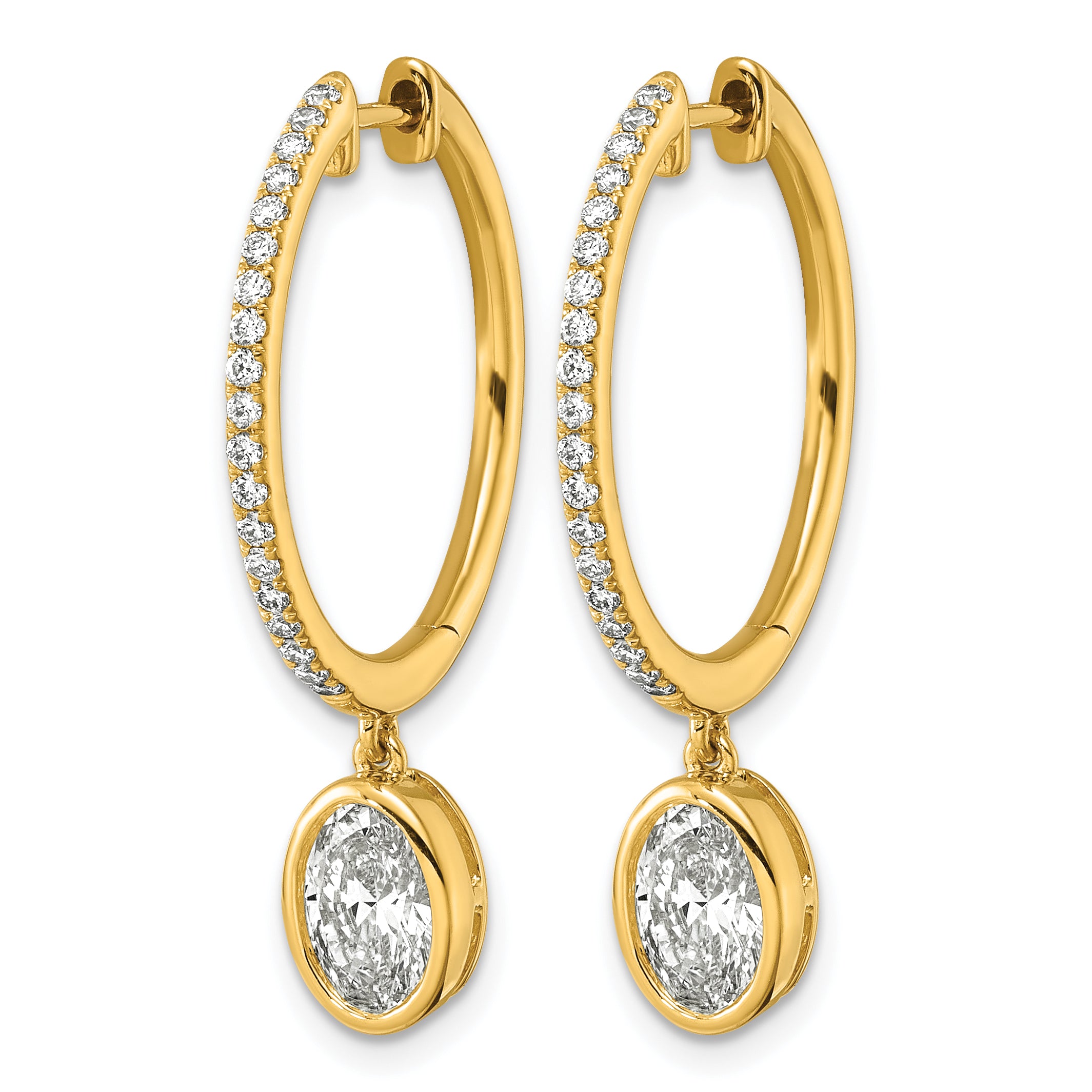 14ky Certified Oval Bezel Dangle Lab Grown Diamond VS+ F+ Hoop Earrings