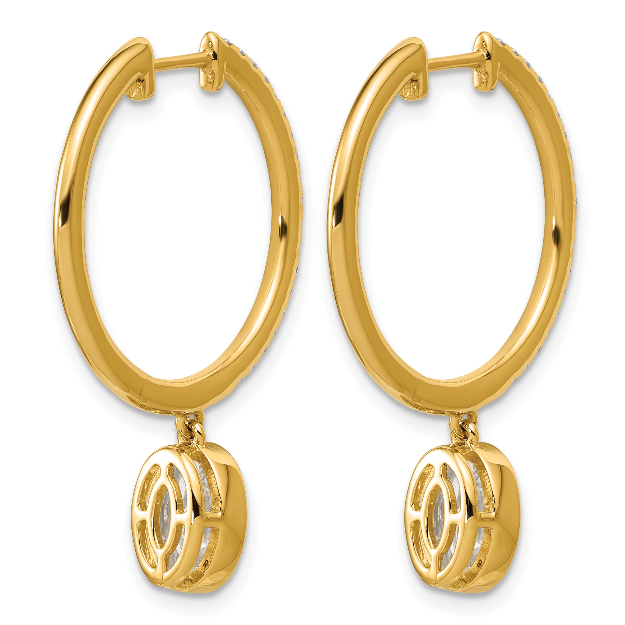 14ky Certified Oval Bezel Dangle Lab Grown Diamond VS+ F+ Hoop Earrings