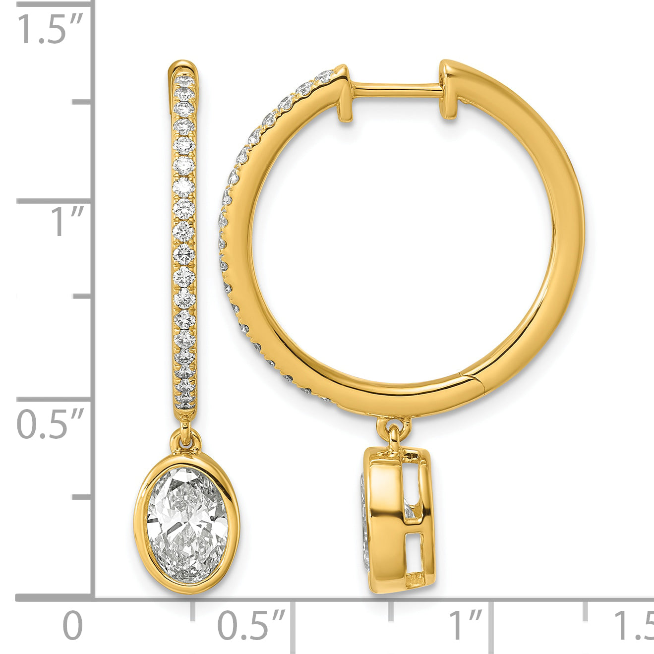 14ky Certified Oval Bezel Dangle Lab Grown Diamond VS+ F+ Hoop Earrings