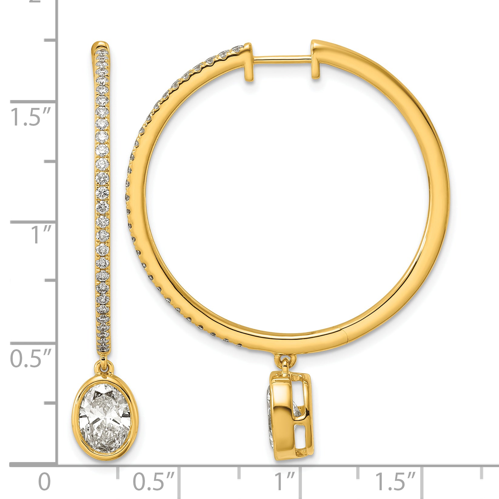14ky Certified Oval Bezel Dangle Lab Grown Diamond VS+ F+ Hoop Earrings