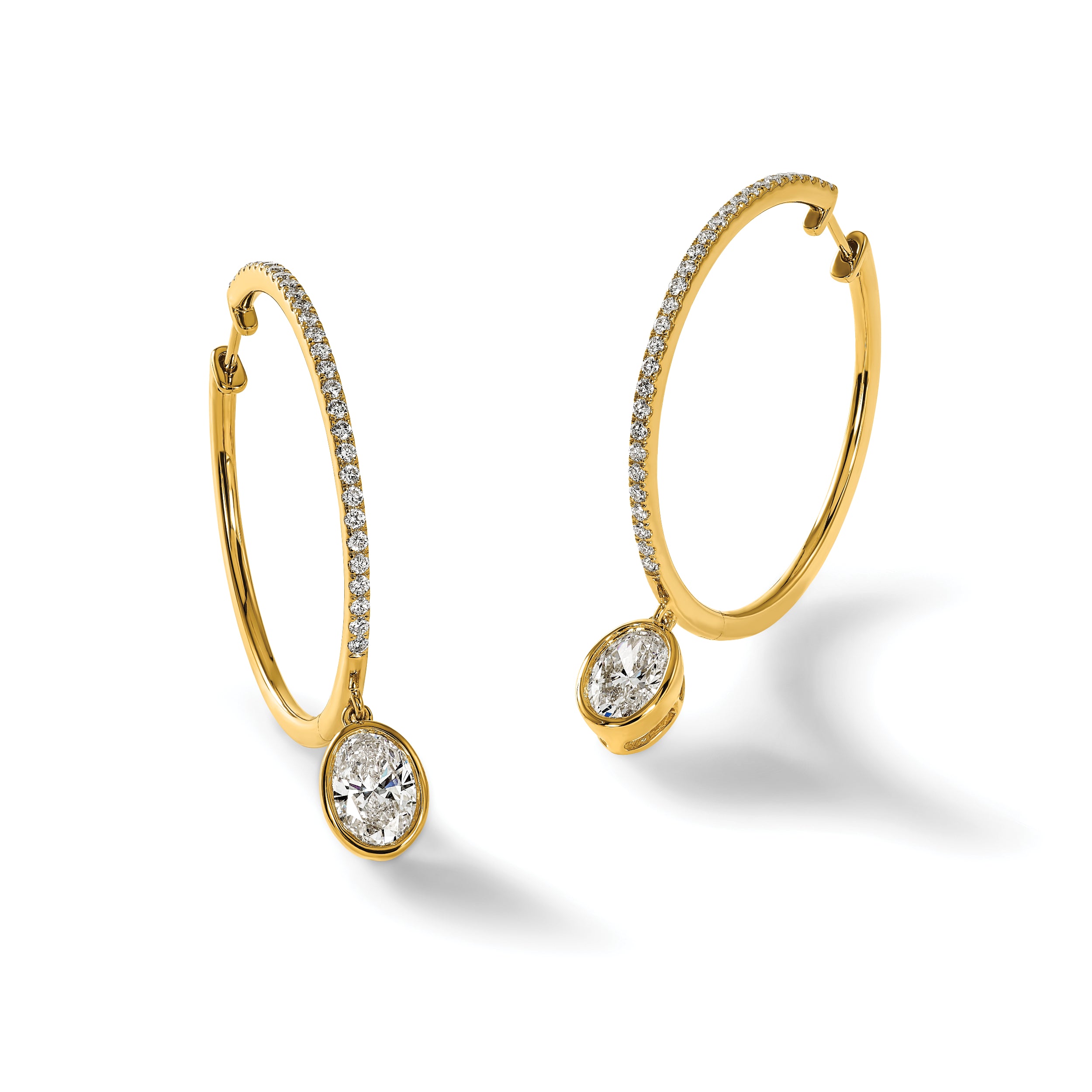 14ky Certified Oval Bezel Dangle Lab Grown Diamond VS+ F+ Hoop Earrings