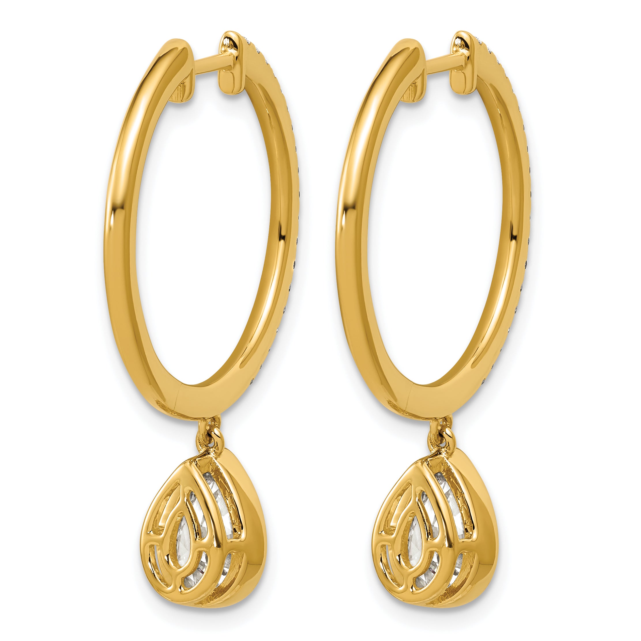 14ky Certified Pear Bezel Dangle Lab Grown Diamond VS+ F+ Hoop Earrings