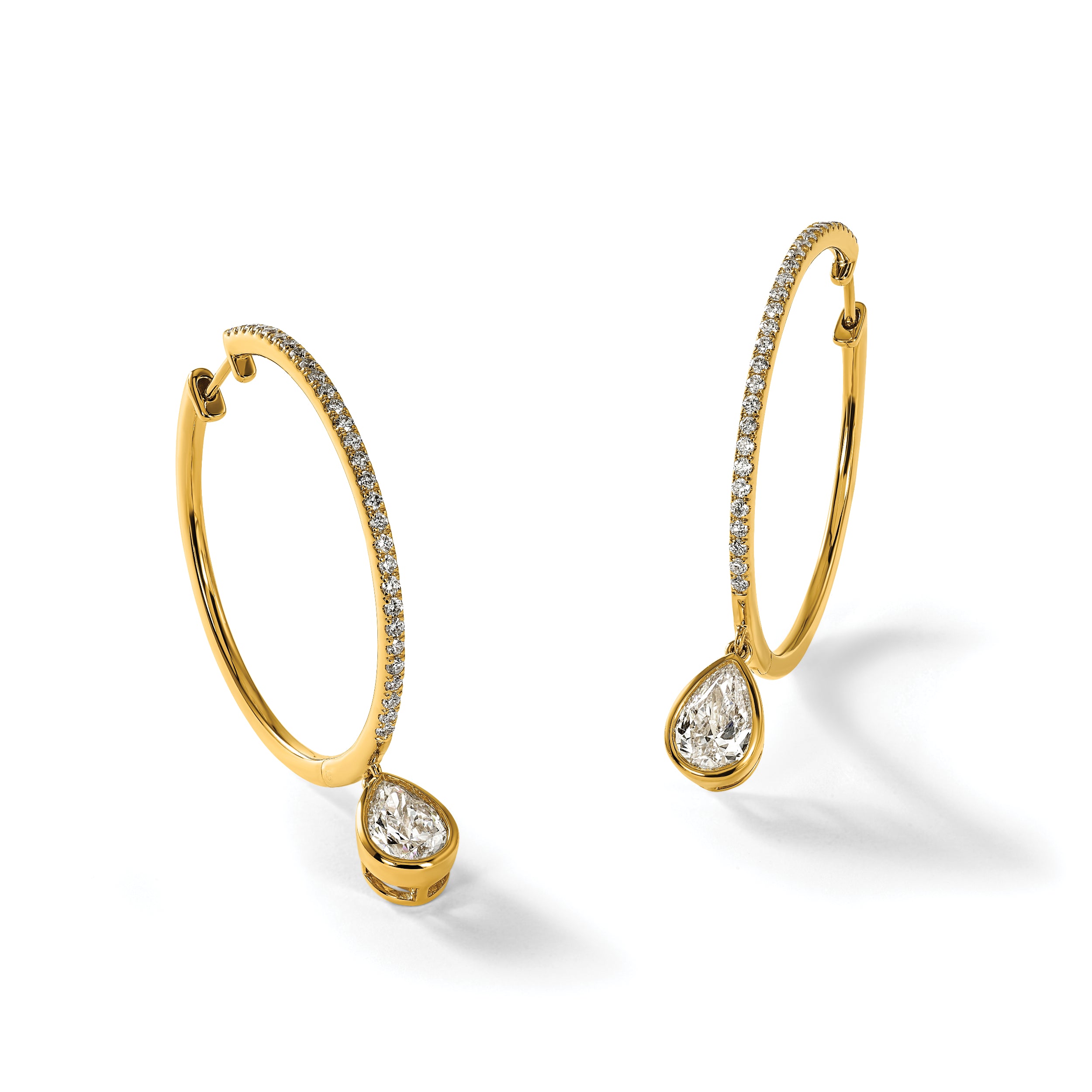 14ky Certified Pear Bezel Dangle Lab Grown Diamond VS+ F+ Hoop Earrings