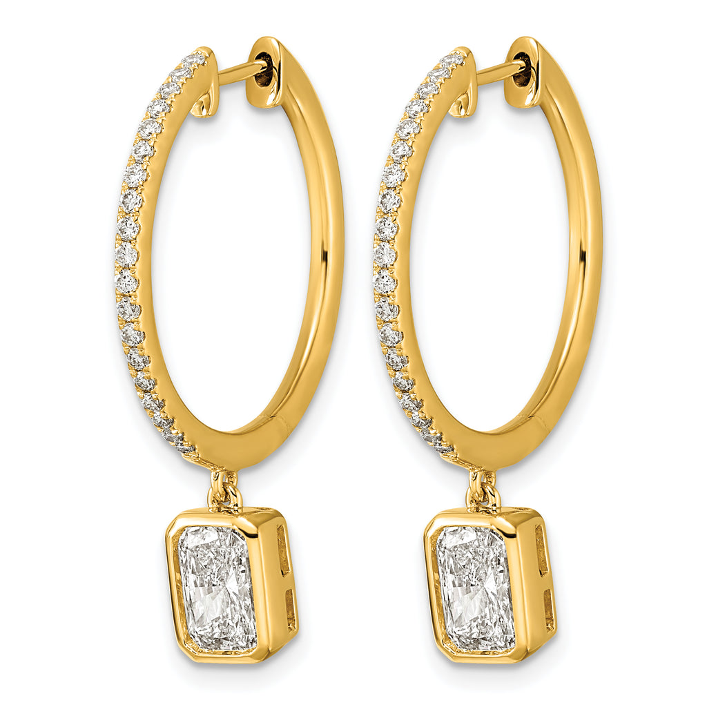 14ky Certified Emerald Bezel Dangle Lab Grown Diamond VS+ F+ Hoop Earrings