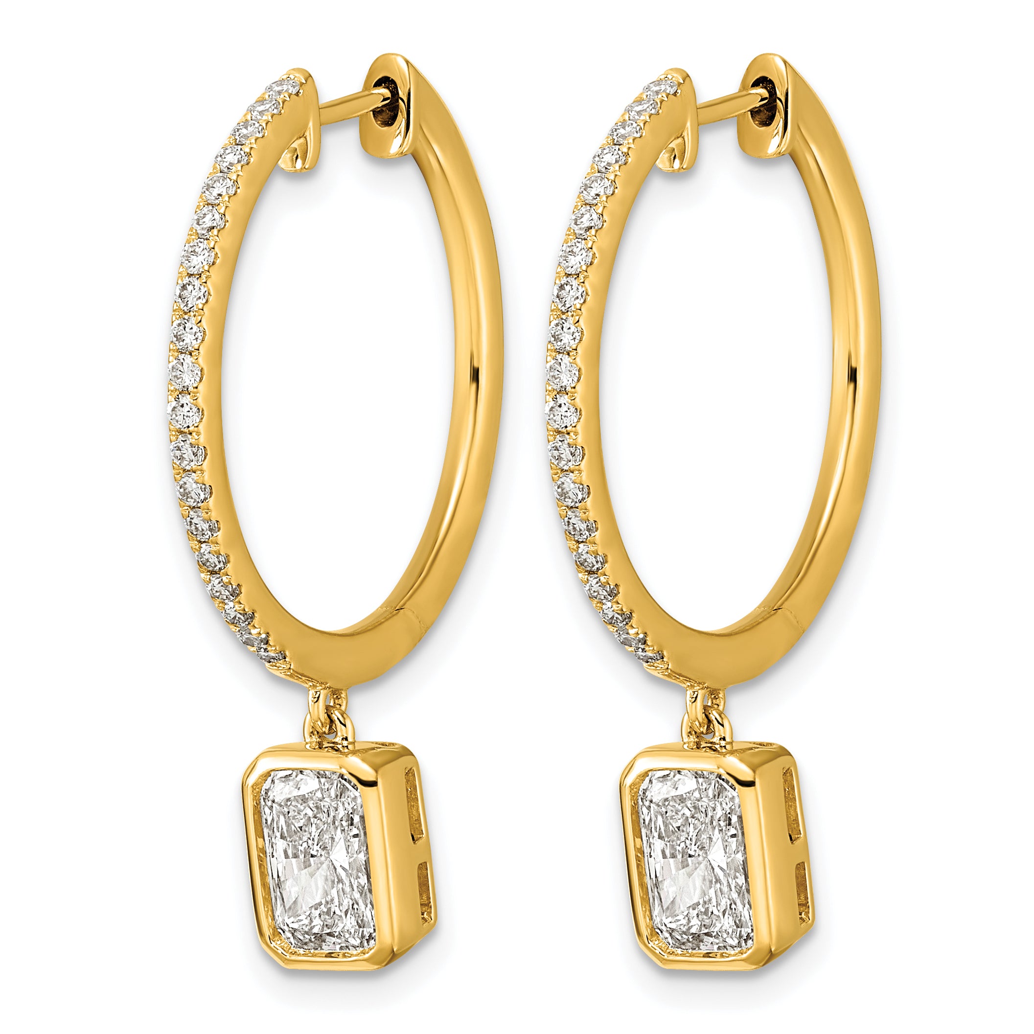 14ky Certified Emerald Bezel Dangle Lab Grown Diamond VS+ F+ Hoop Earrings