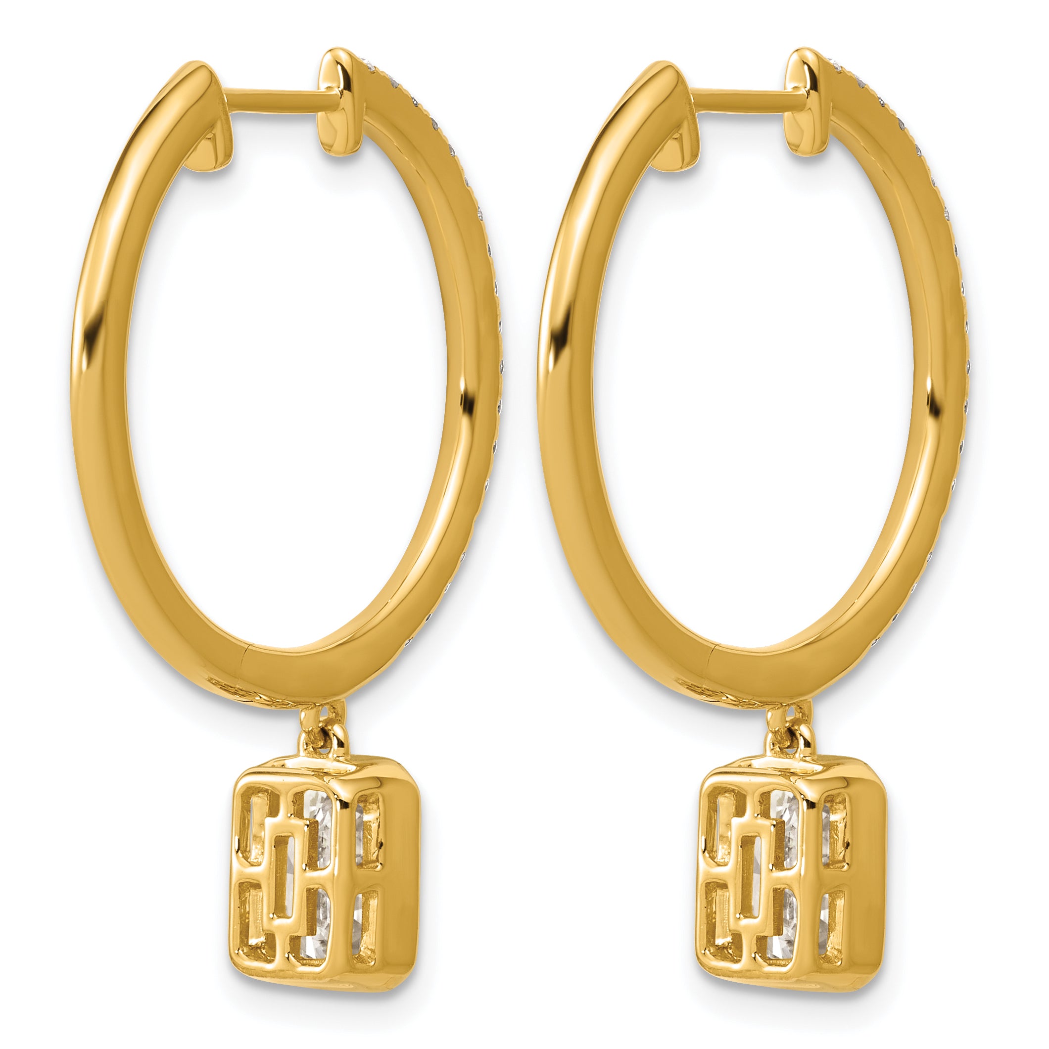 14ky Certified Emerald Bezel Dangle Lab Grown Diamond VS+ F+ Hoop Earrings