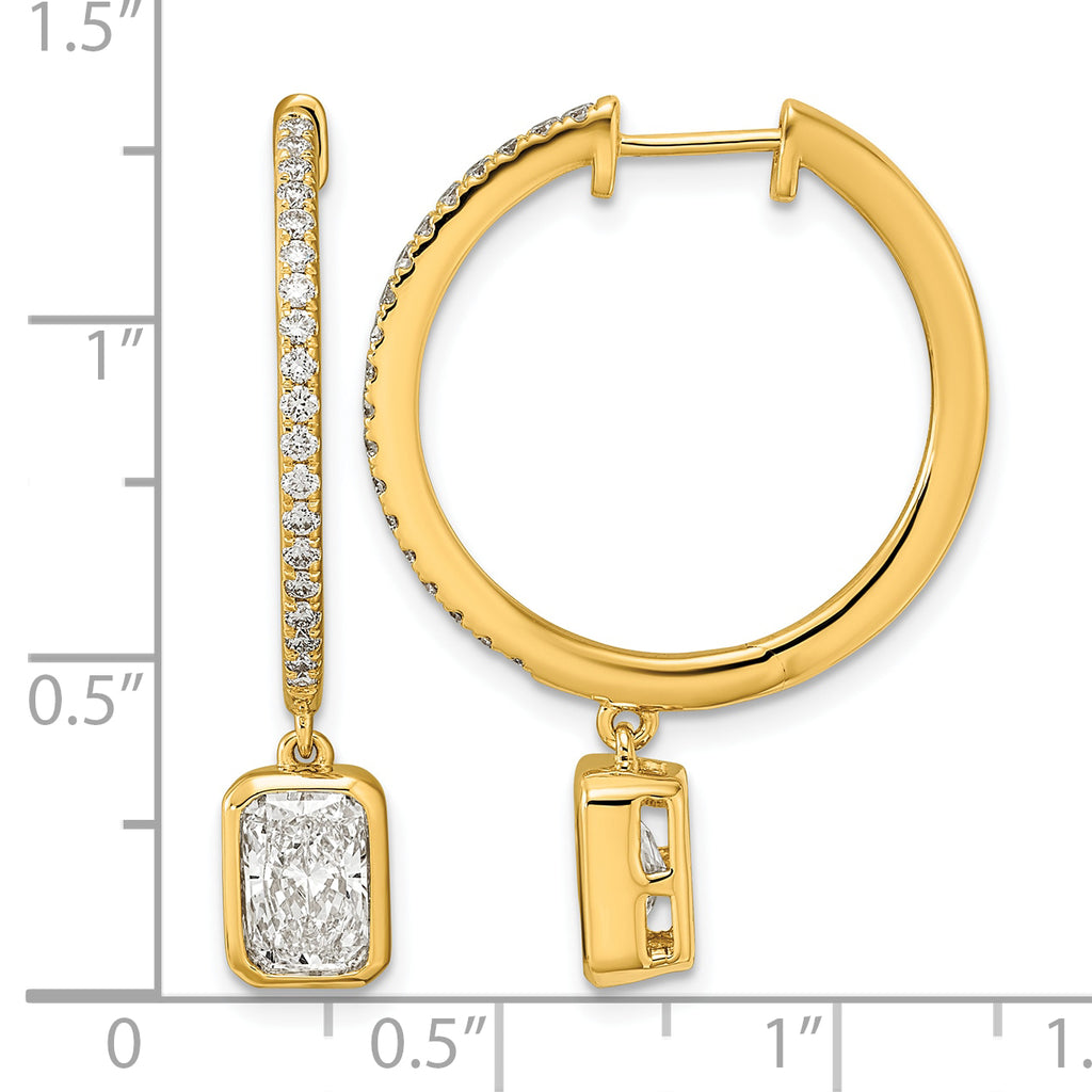 14ky Certified Emerald Bezel Dangle Lab Grown Diamond VS+ F+ Hoop Earrings