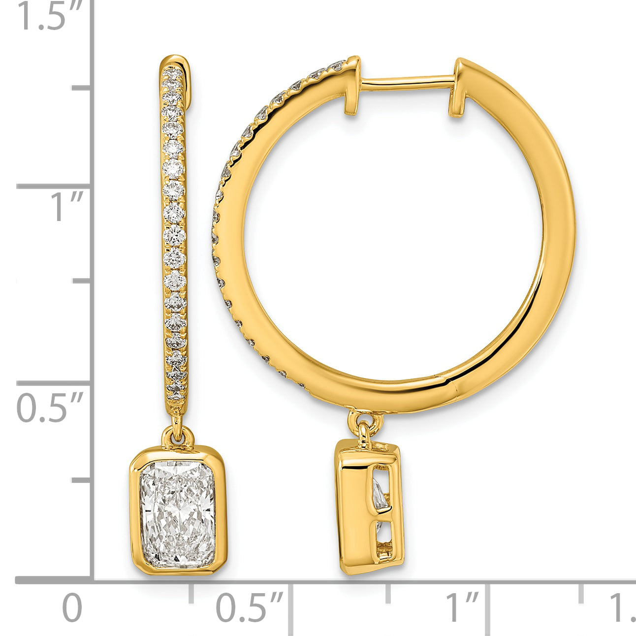 14ky Certified Emerald Bezel Dangle Lab Grown Diamond VS+ F+ Hoop Earrings