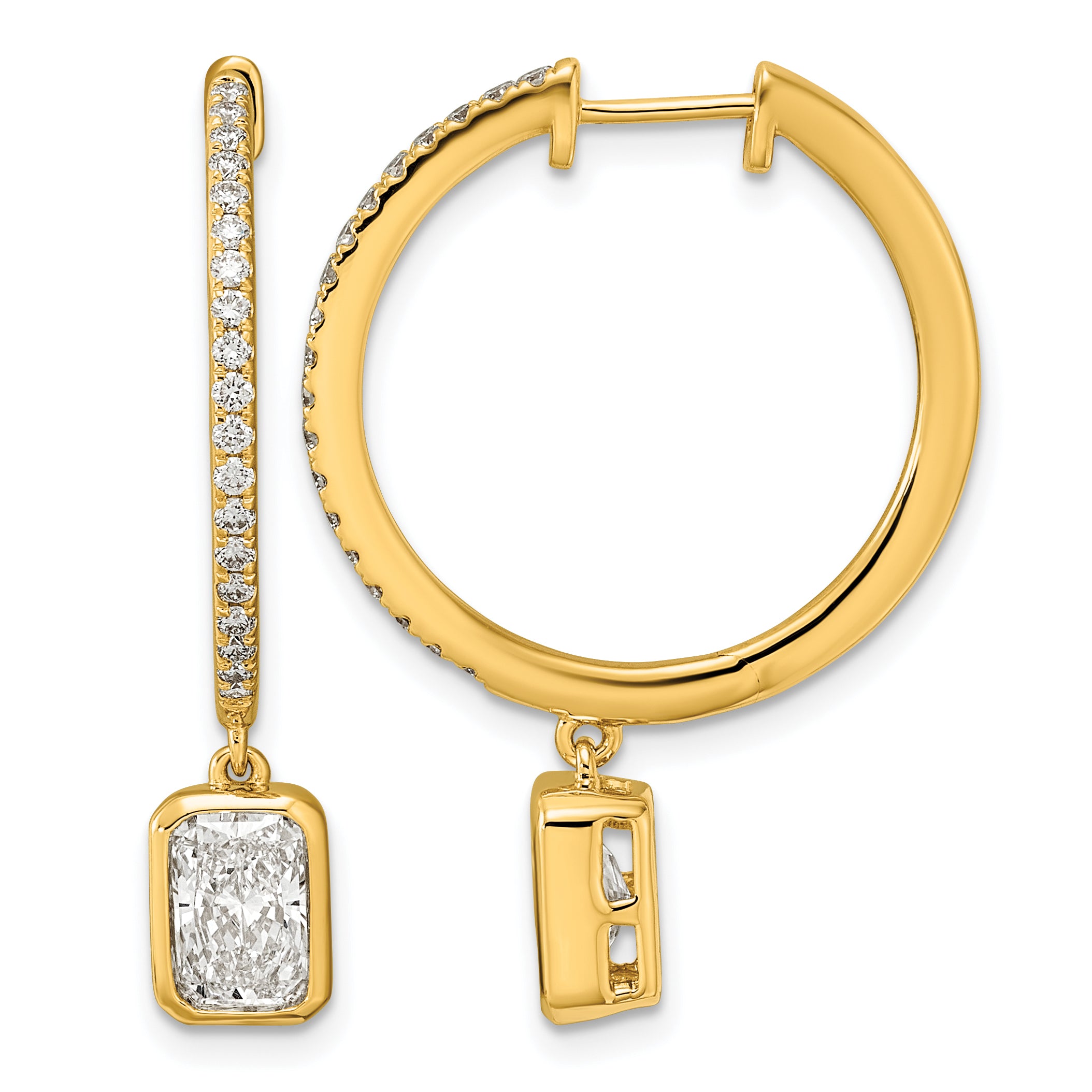 14ky Certified Emerald Bezel Dangle Lab Grown Diamond VS+ F+ Hoop Earrings