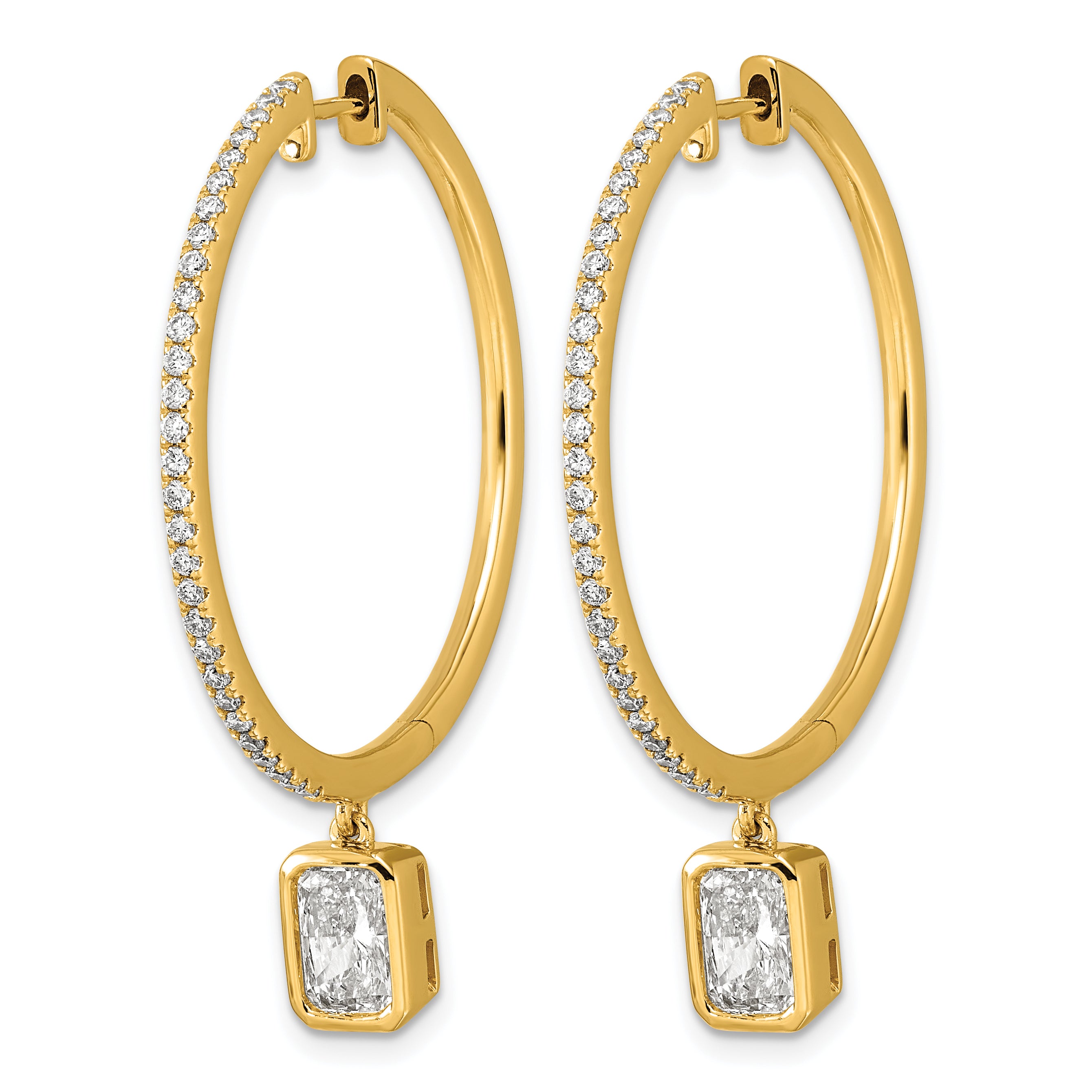 14ky Certified Emerald Bezel Dangle Lab Grown Diamond VS+ F+ Hoop Earrings