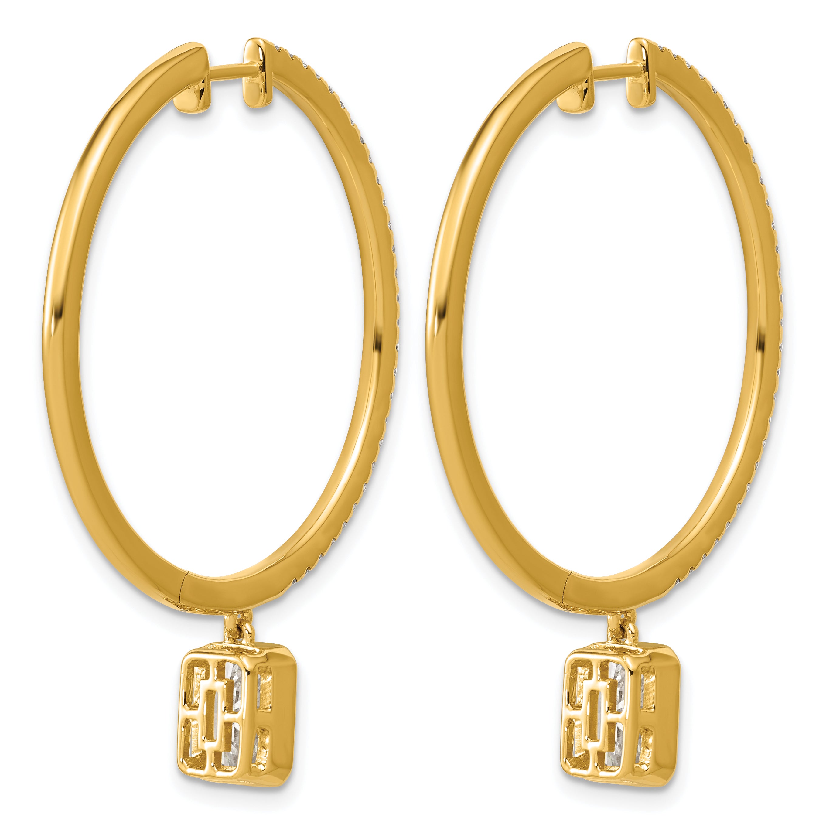 14ky Certified Emerald Bezel Dangle Lab Grown Diamond VS+ F+ Hoop Earrings