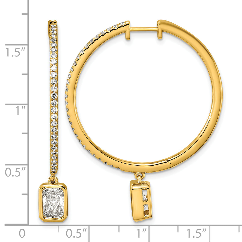 14ky Certified Emerald Bezel Dangle Lab Grown Diamond VS+ F+ Hoop Earrings