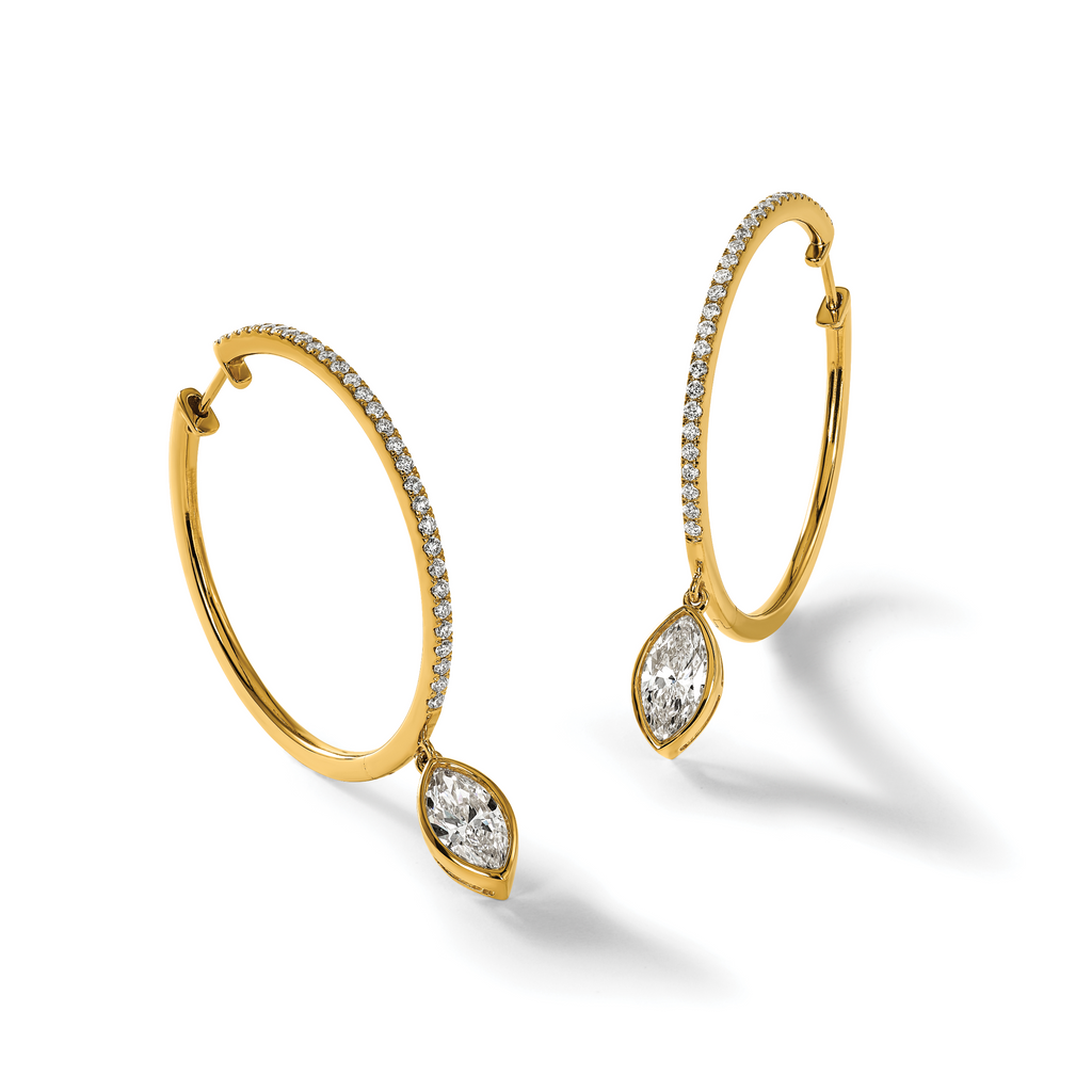 14ky Certified Marquise Bezel Dangle Lab Grown Diamond VS+ F+ Hoop Earrings