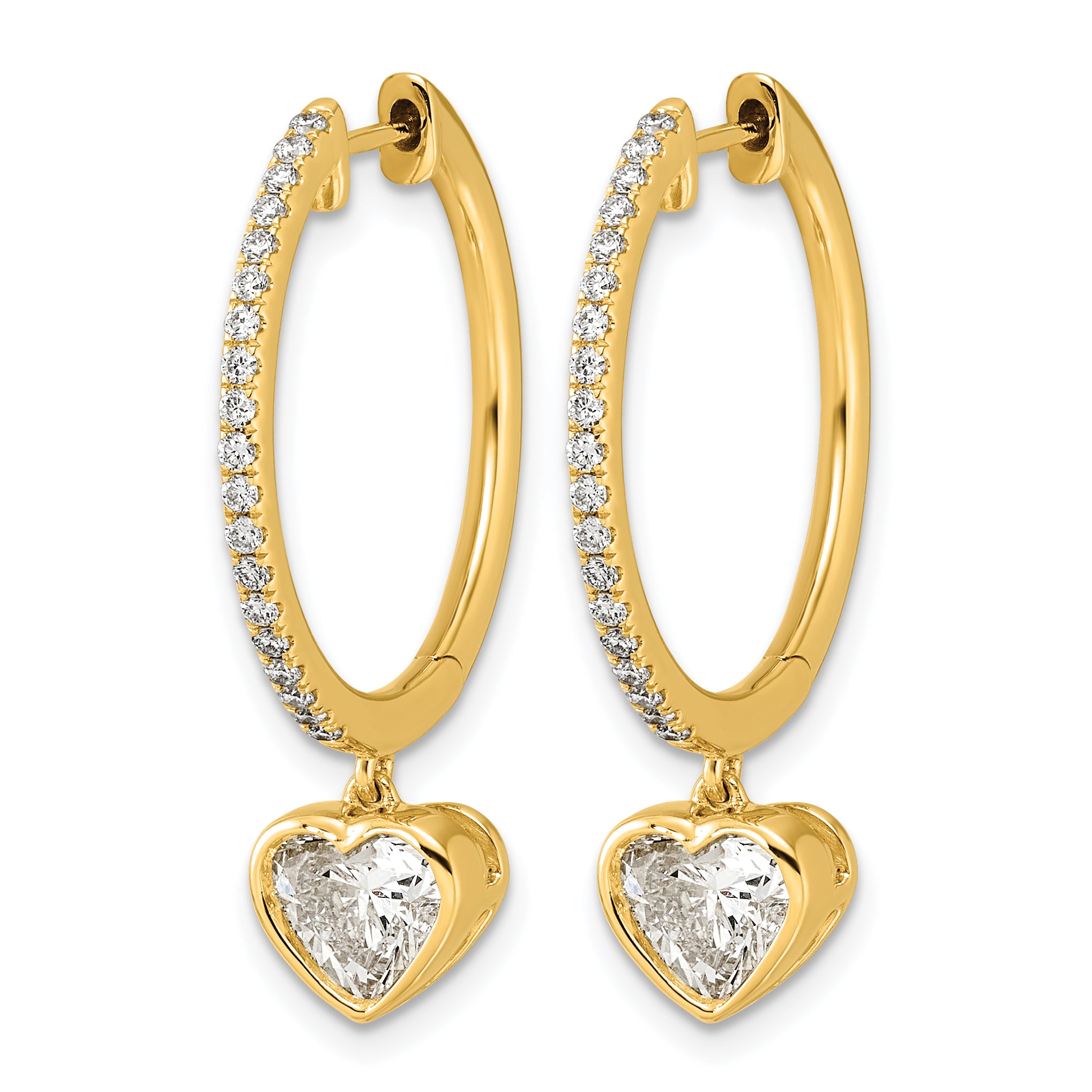 14ky Certified Heart Bezel Dangle Lab Grown Diamond VS+ F+ Hoop Earrings