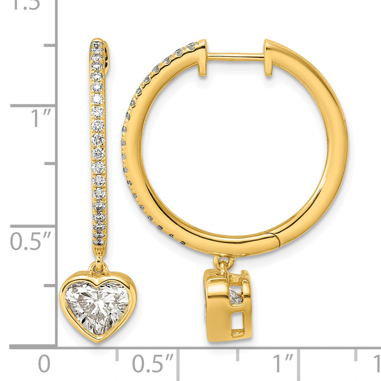 14ky Certified Heart Bezel Dangle Lab Grown Diamond VS+ F+ Hoop Earrings