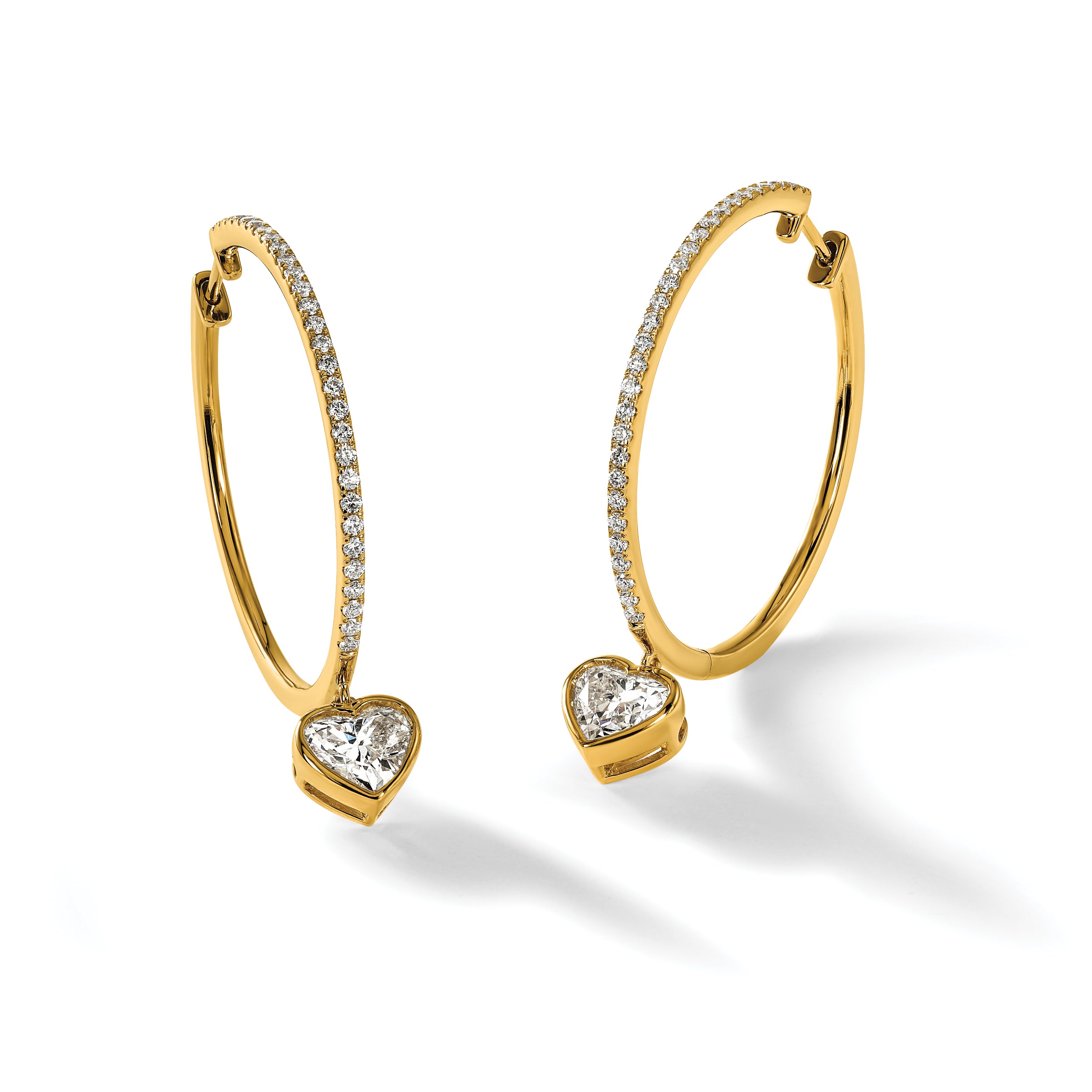 14ky Certified Heart Bezel Dangle Lab Grown Diamond VS+ F+ Hoop Earrings