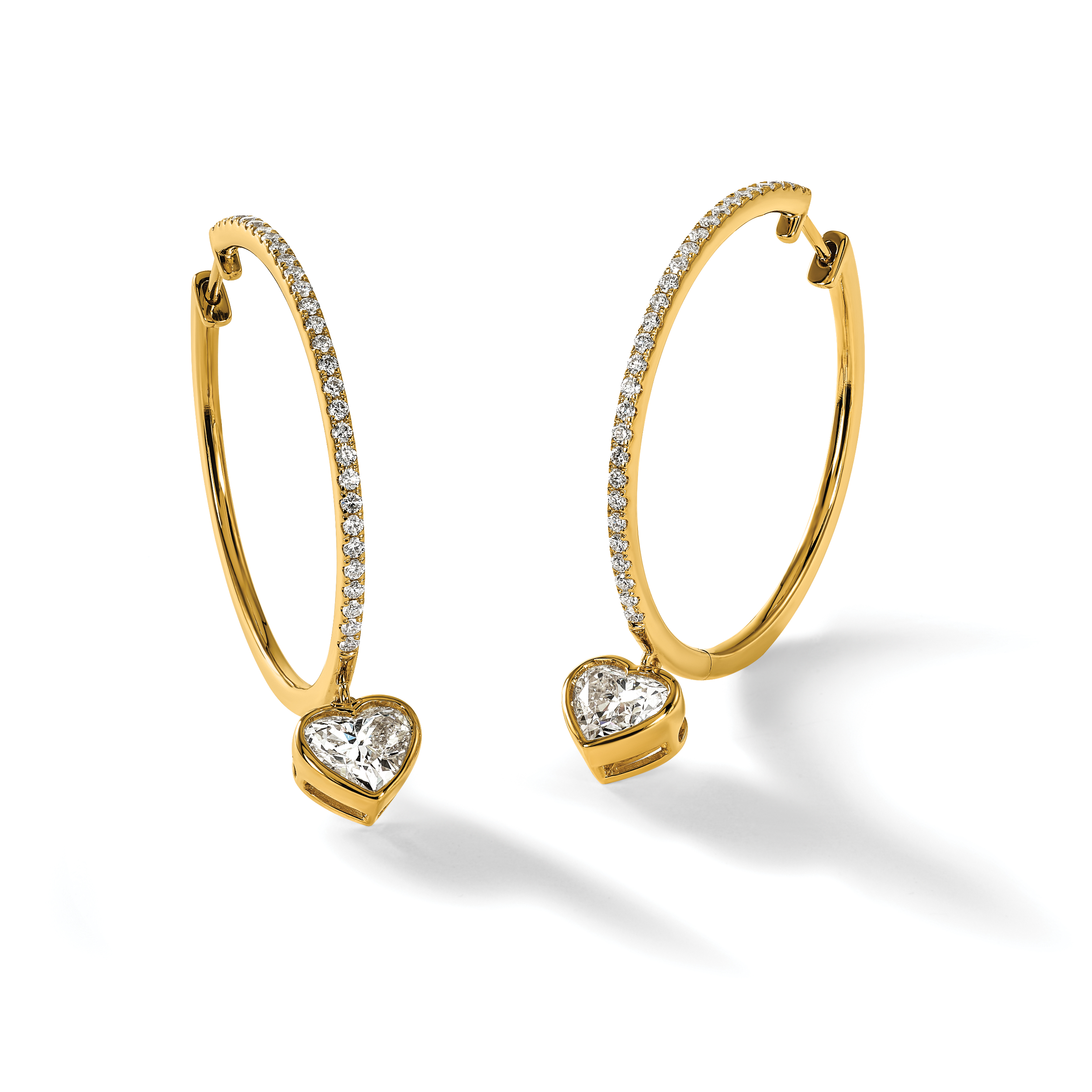 14ky Certified Heart Bezel Dangle Lab Grown Diamond VS+ F+ Hoop Earrings