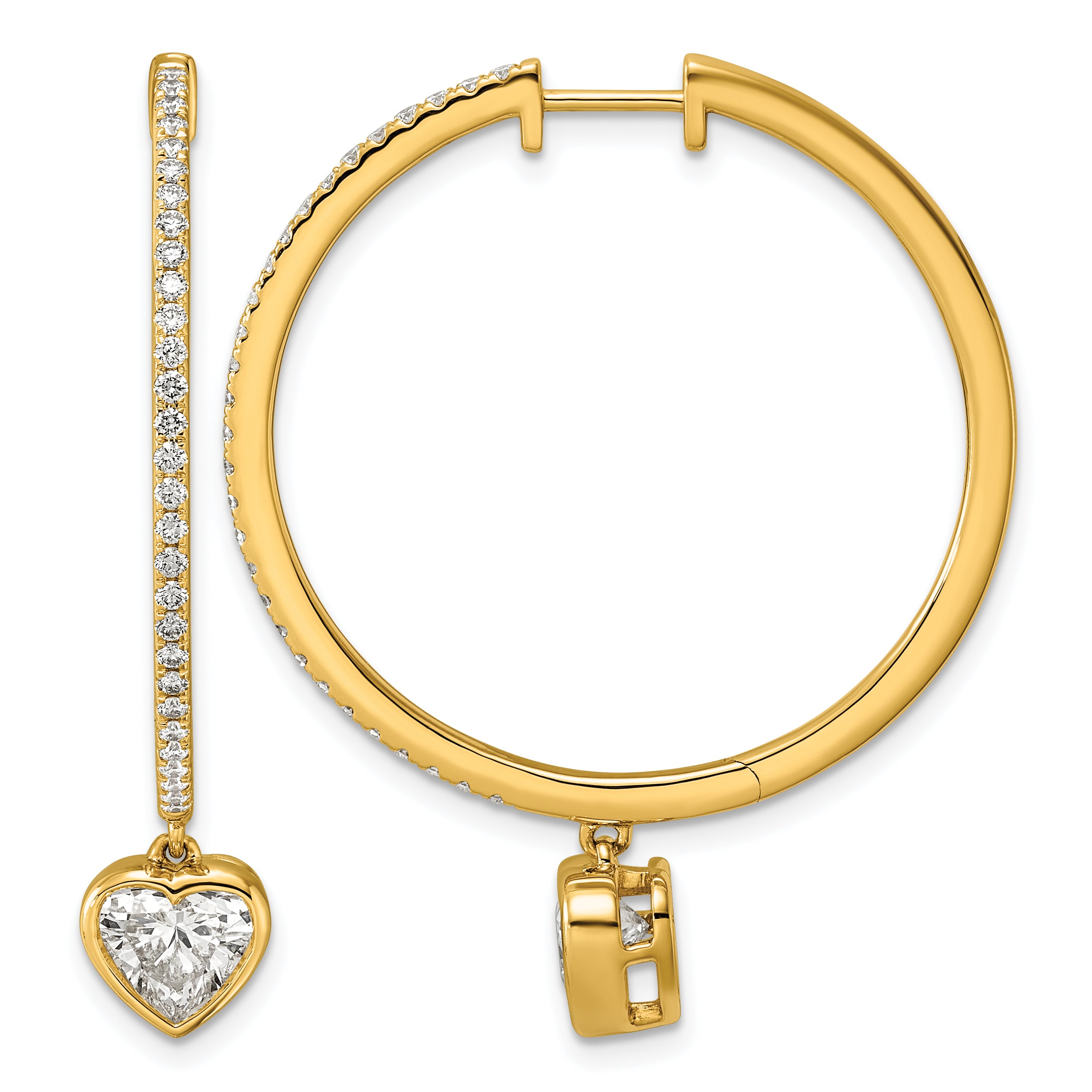14ky Certified Heart Bezel Dangle Lab Grown Diamond VS+ F+ Hoop Earrings