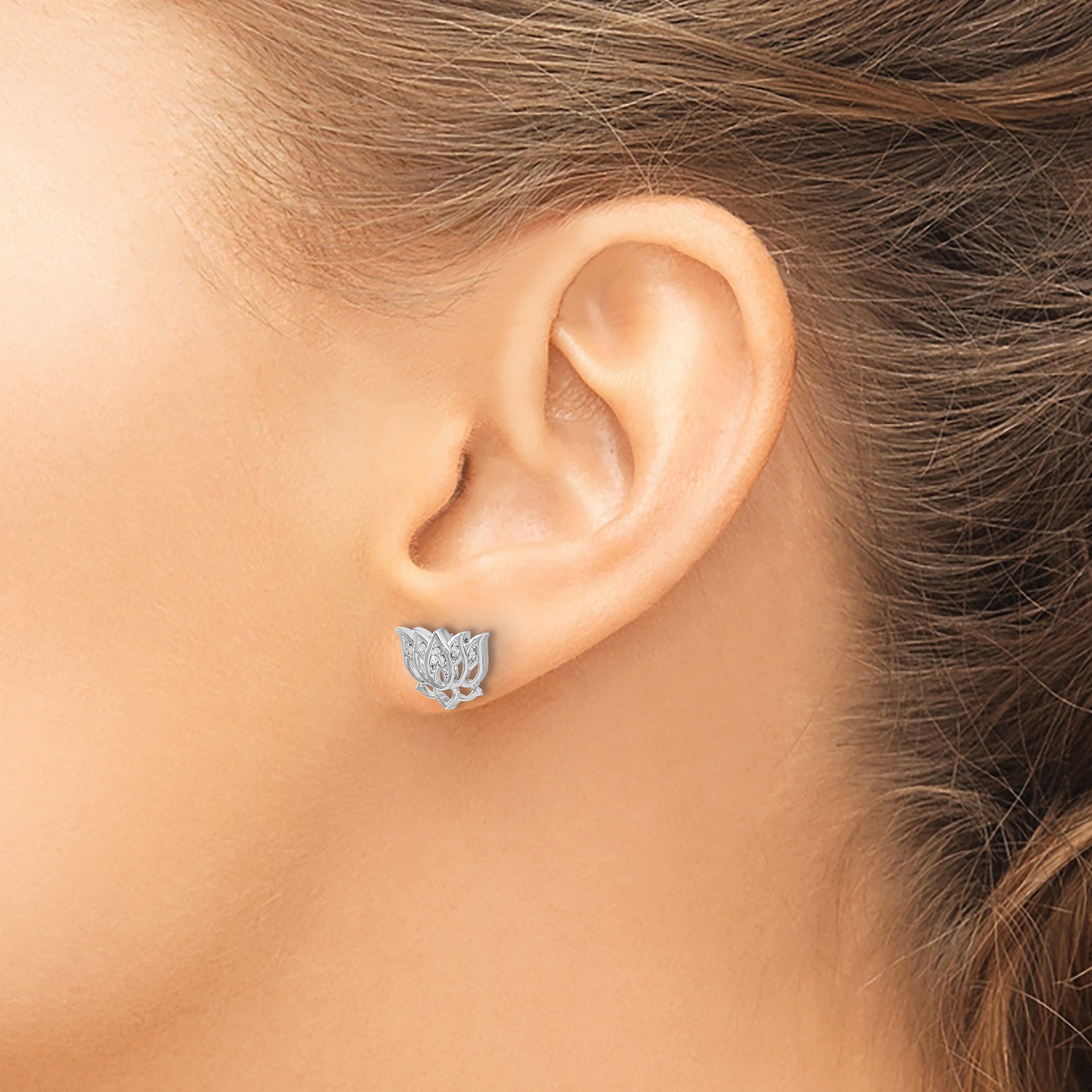 14k White Gold Diamond Lotus Flower Earrings