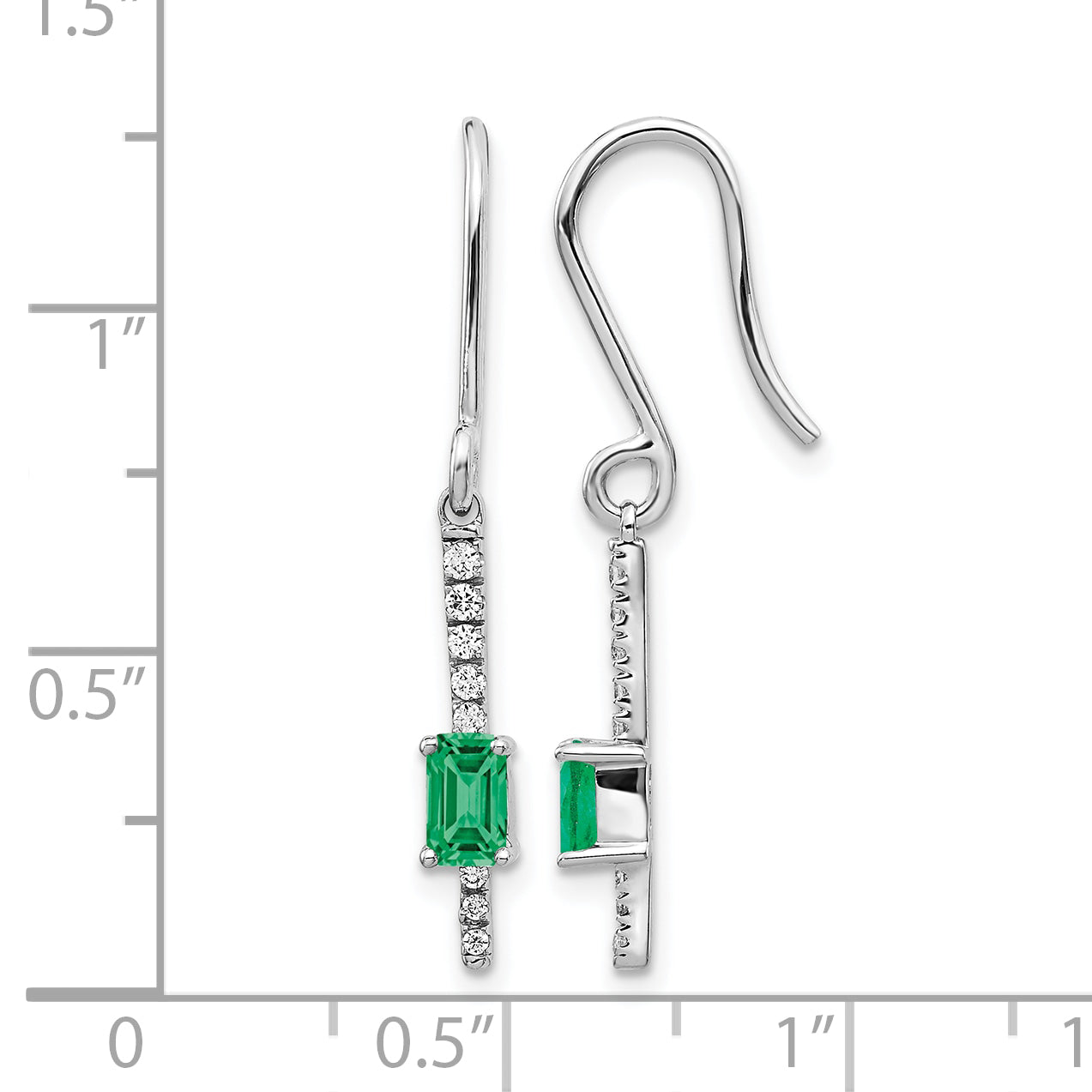 14k White Gold 1/8 carat Lab Grown Diamond VS/SI+ G+ and Created Emerald Complete Sheppards Hook Earrings