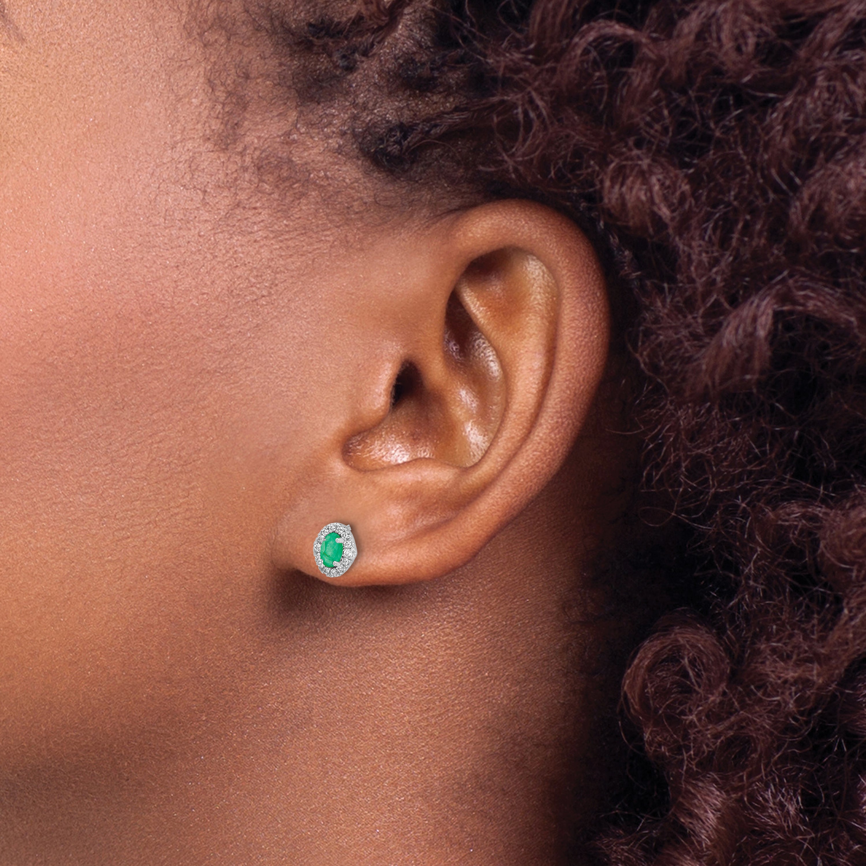 14k White Gold 1/6 carat Lab Grown Diamond VS/SI+ G+ and Oval Created Emerald Complete Halo Post Earrings