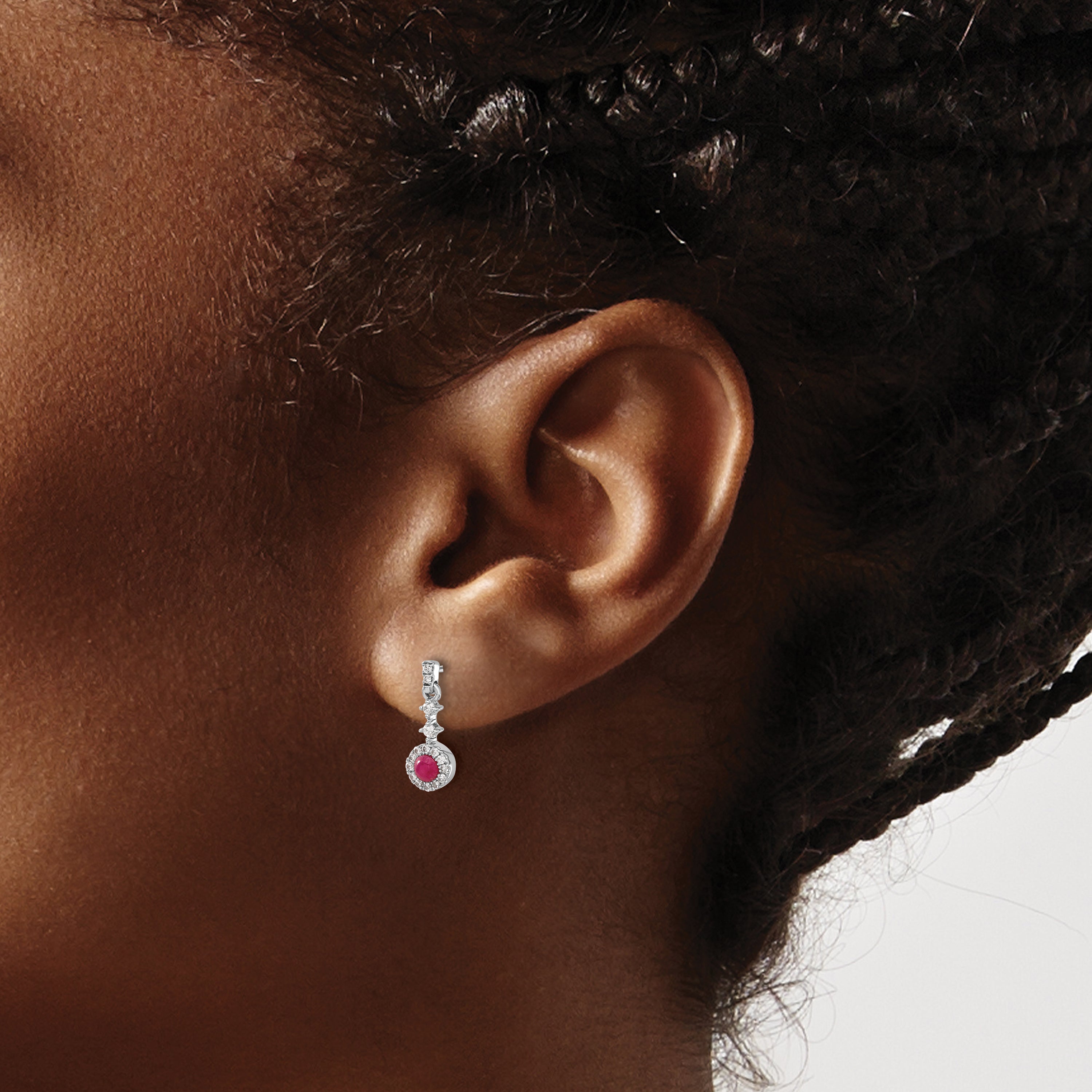 14k White Gold 1/6 carat Lab Grown Diamond VS/SI+ G+ and Cabochon Created Ruby Complete Dangle Post Earrings