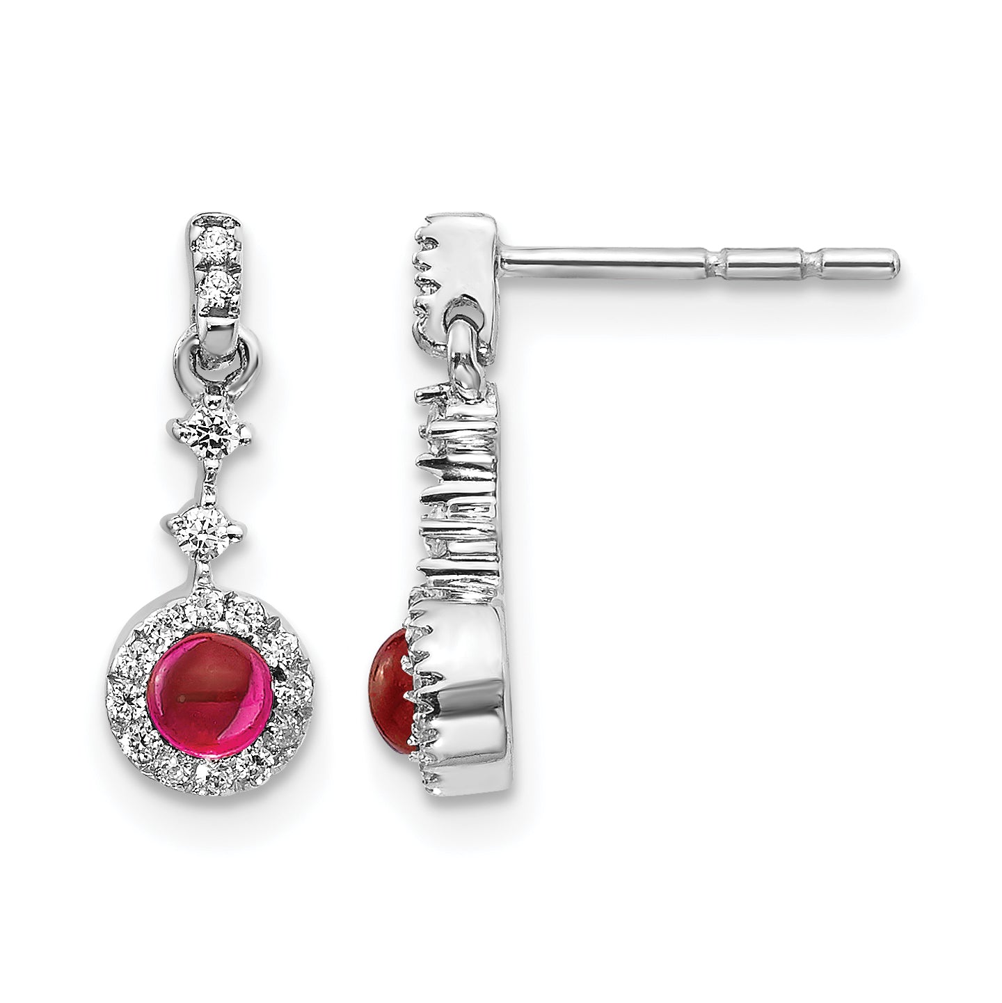 14k White Gold 1/6 carat Lab Grown Diamond VS/SI+ G+ and Cabochon Created Ruby Complete Dangle Post Earrings