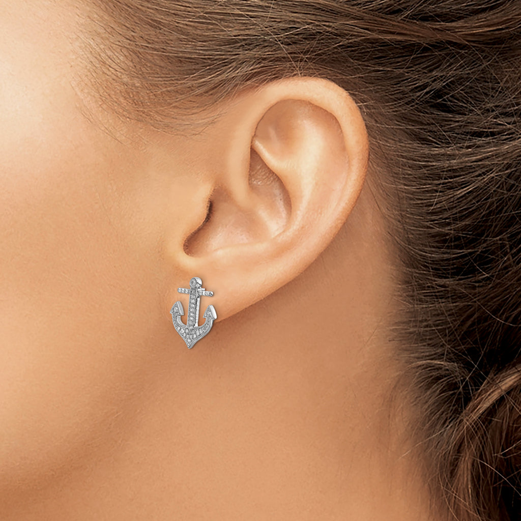 14k White Gold Diamond Anchor Earrings