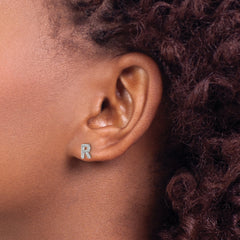 14K White Gold Lab Grown VS/SI+ G+ Dia Letter R Initial Post Earrings