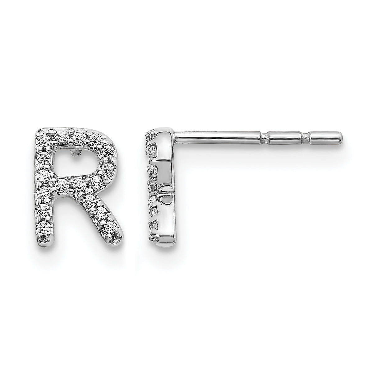 14K White Gold Lab Grown VS/SI+ G+ Dia Letter R Initial Post Earrings