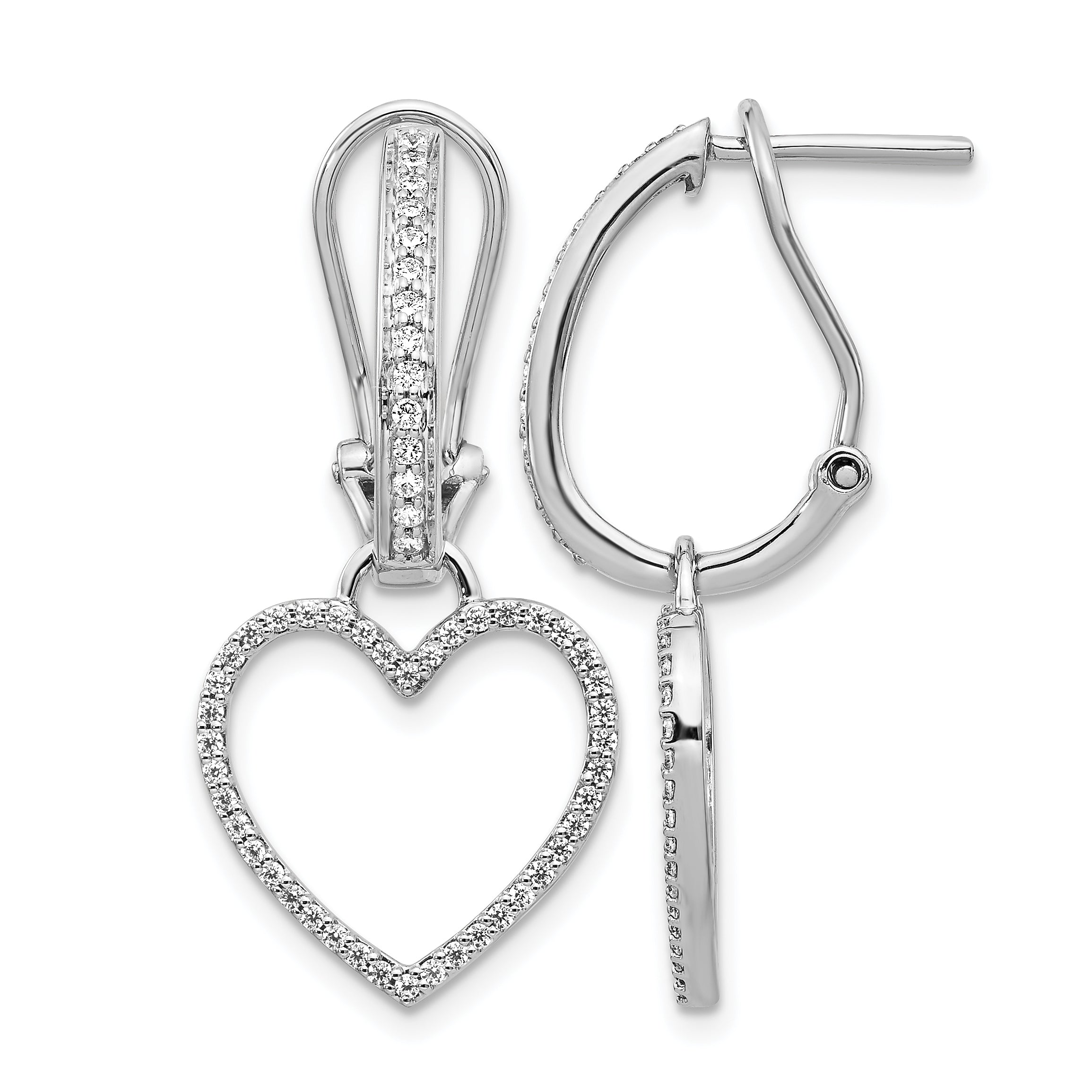 14k White Gold Diamond Heart Dangle Omega Back Earrings