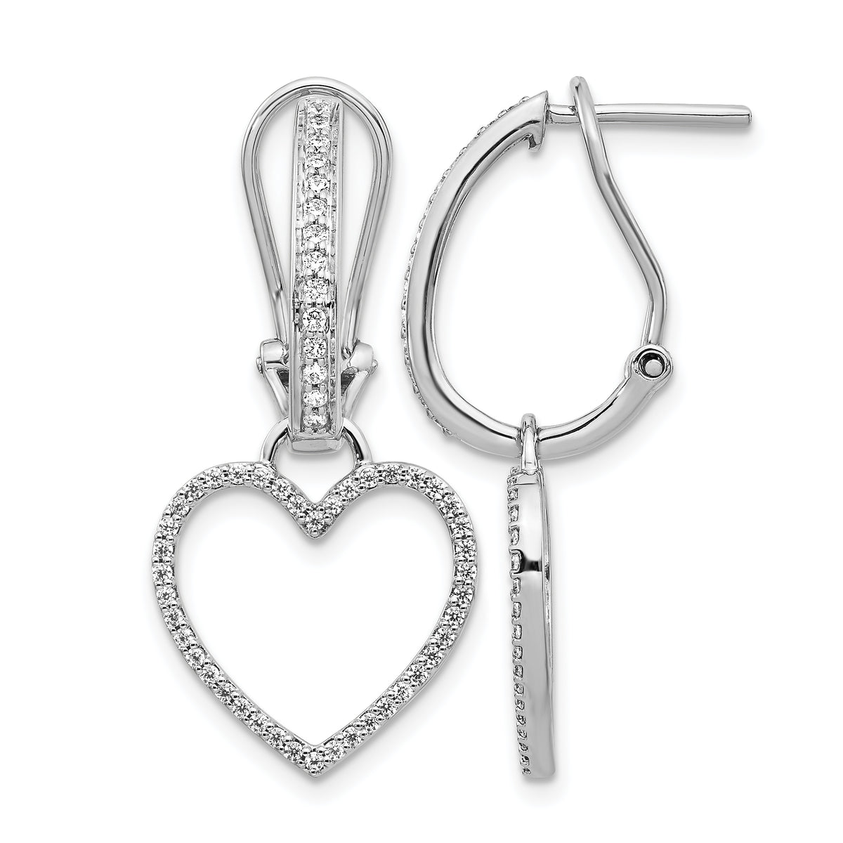 14k White Gold Diamond Heart Dangle Omega Back Earrings