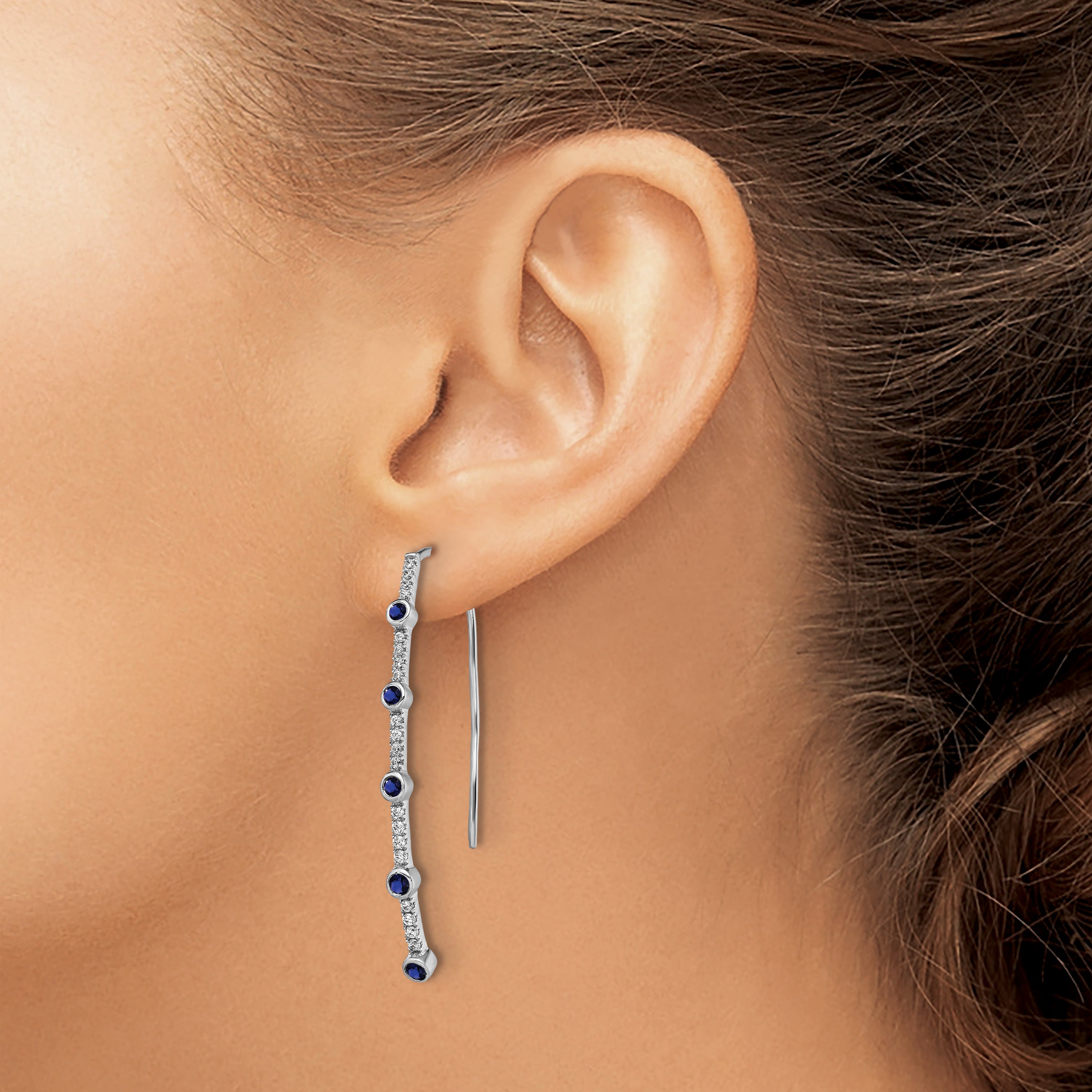 14K White Gold Lab Grown Dia VS/SI+ G+ Cr.Sapphire Threader Earrings