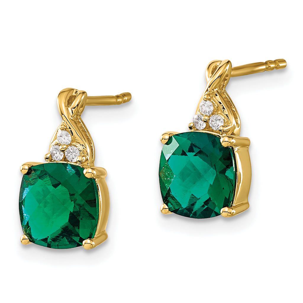 10k Checkerboard Created Emerald and Diamond Earrings