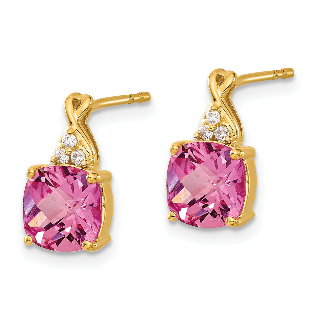 10k Checkerboard Created Pink Sapphire and Diamond Earrings