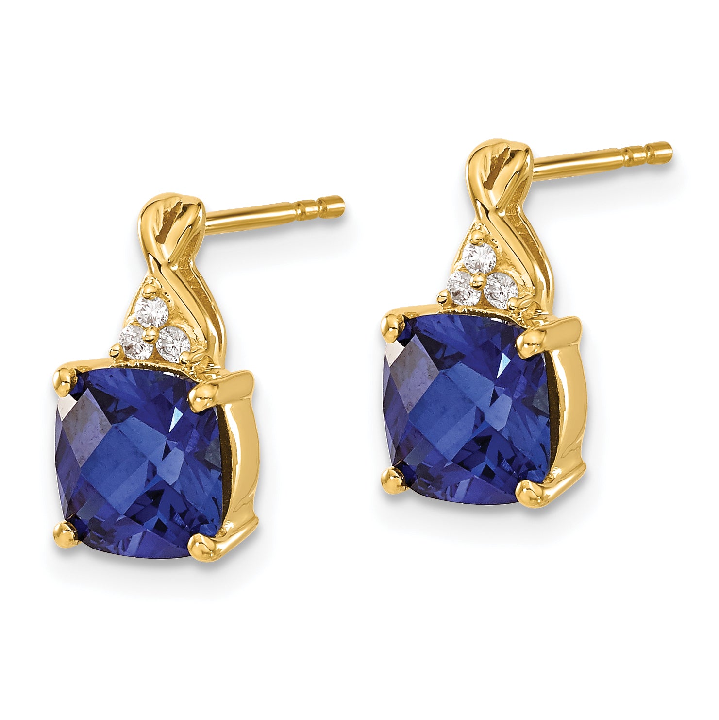 10k Checkerboard Created Sapphire and Diamond Earrings Secondary image