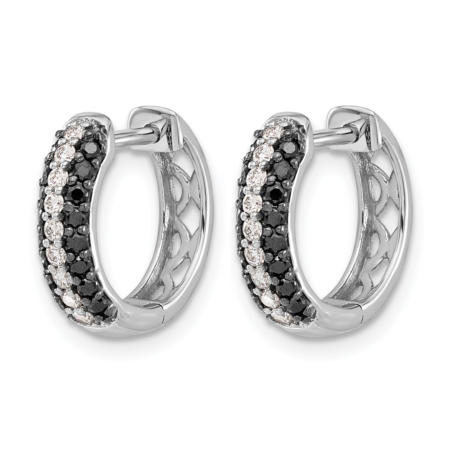 10k White Gold White and Black Diamond Hinged Hoop Earrings Secondary image