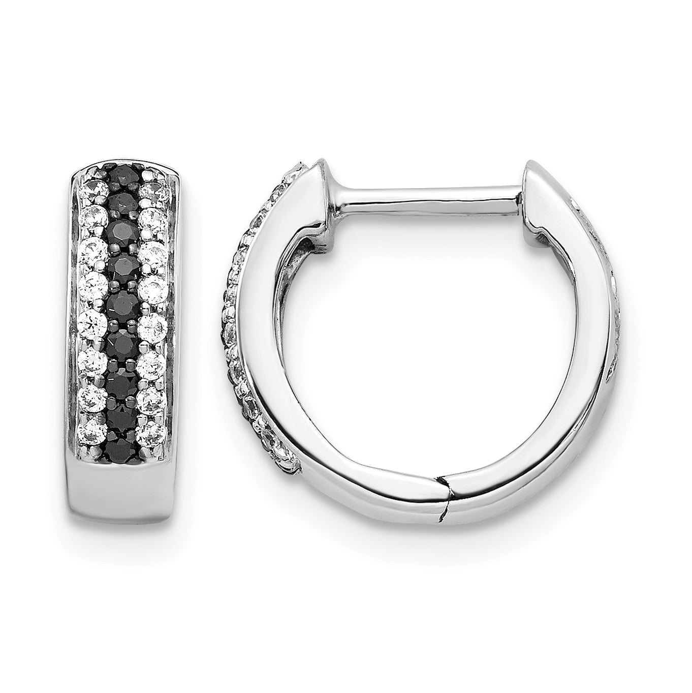 10k White Gold Black and White Diamond Hinged Hoop Earrings Main image