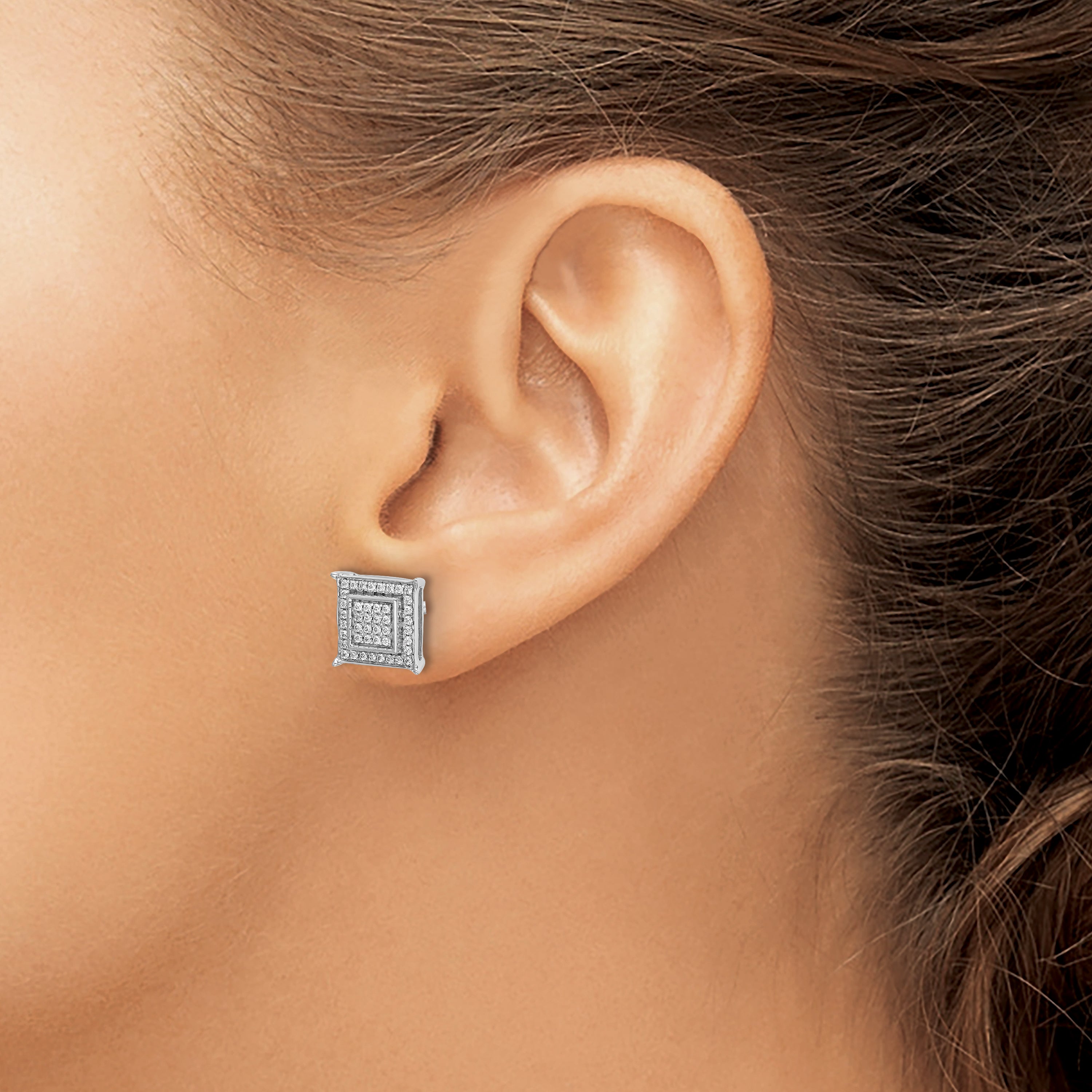 10k White Gold Diamond Small Double Square Bezel Post Earrings