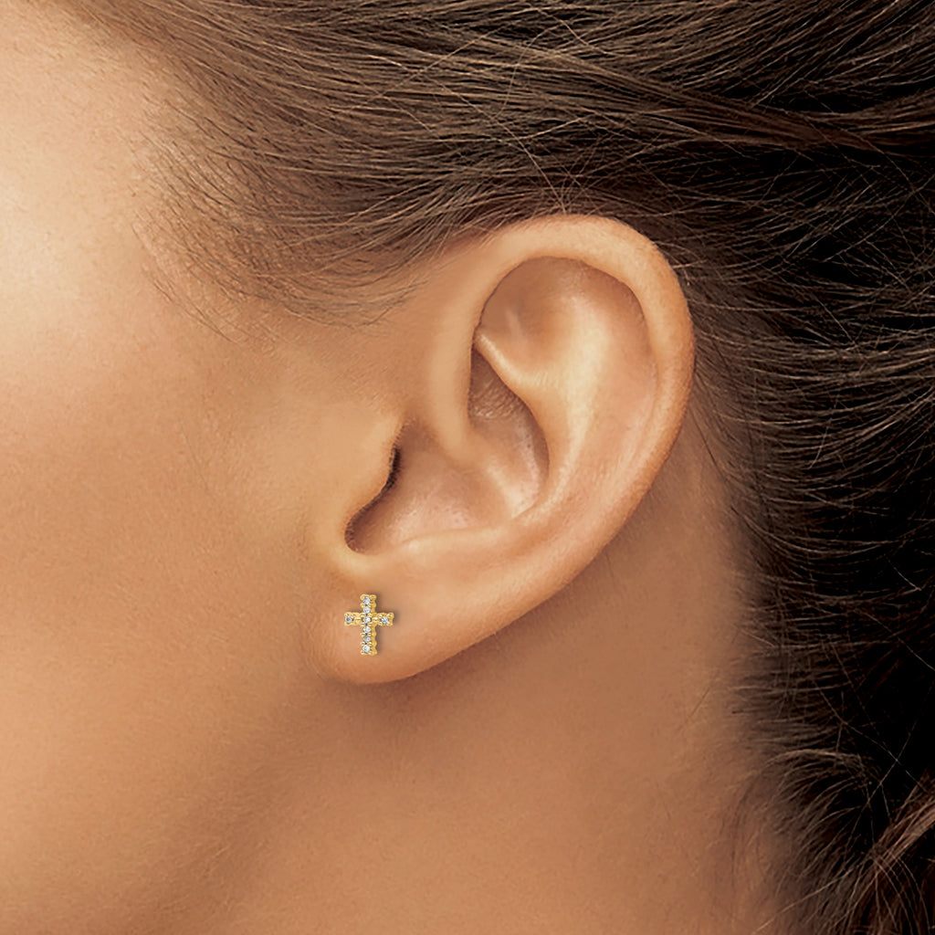 14k With Rhodium Diamond Cross Post Earrings