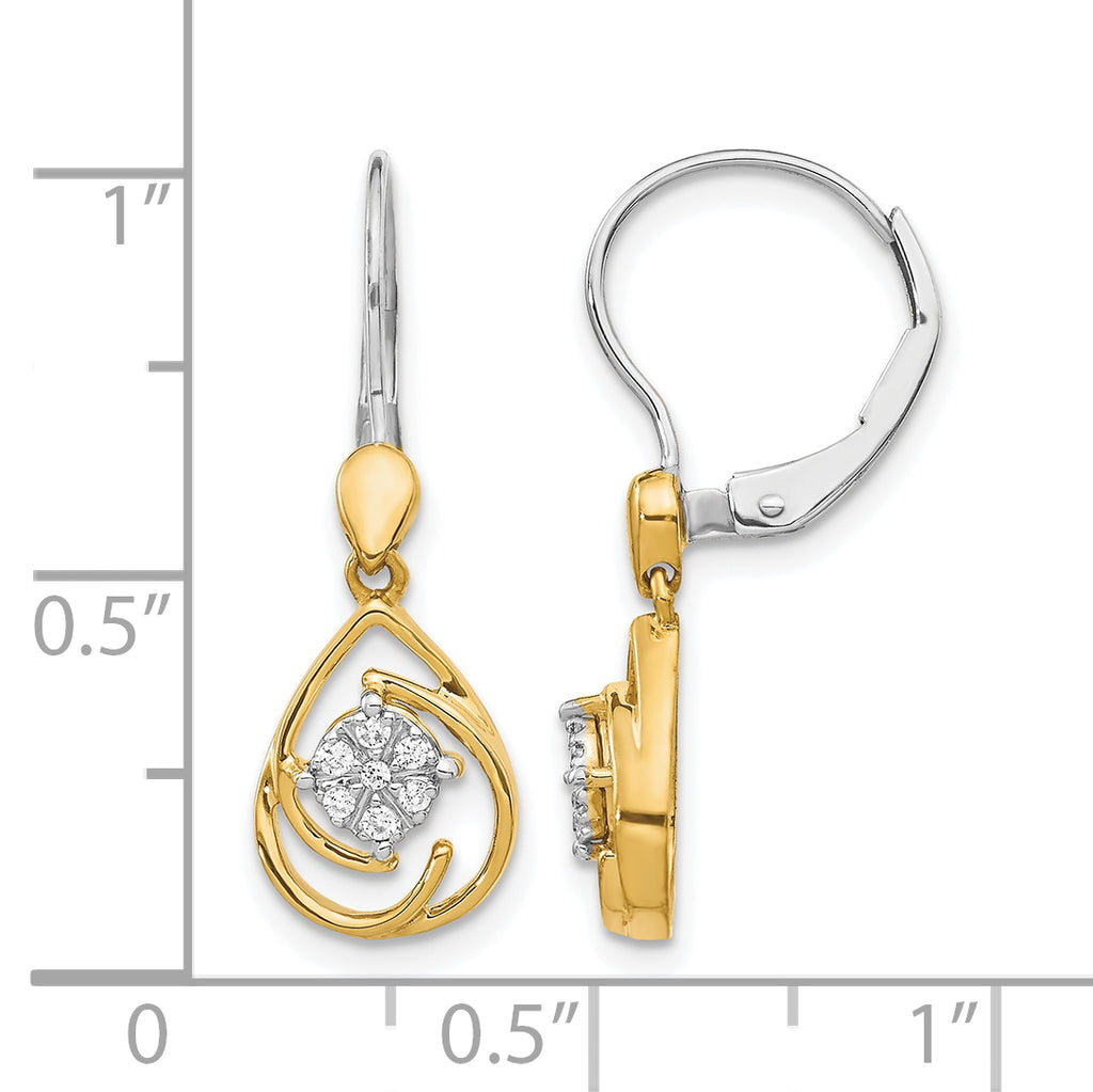 10k Two-tone Diamond Teardrop Dangle Leverback Earrings