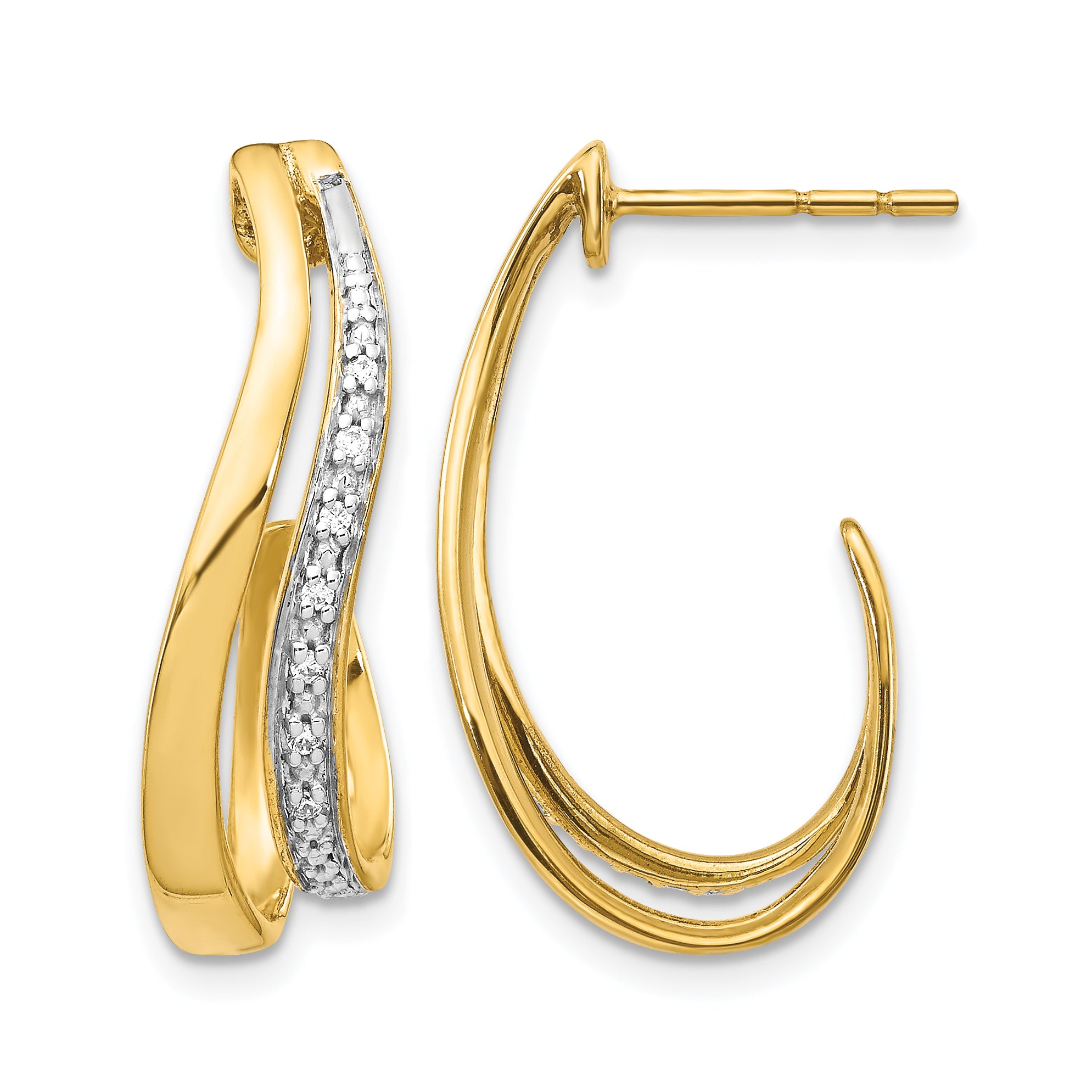 10k w/Rhodium Diamond J-Hoop Post Earrings