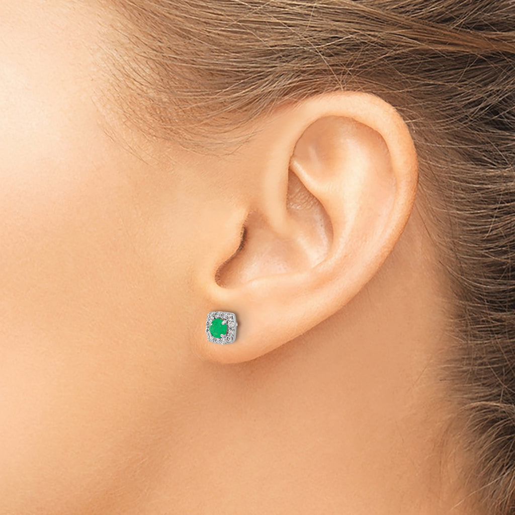14k White Gold 1/5 carat Lab Grown Diamond VS/SI+ G+ and Created Emerald Complete Square Halo Post Earrings